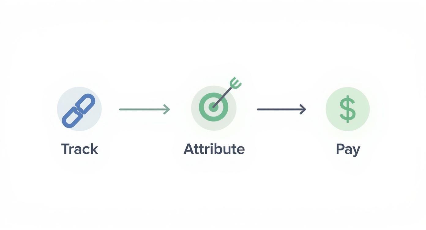 Three-step affiliate marketing process showing track, attribute, and pay workflow with icons