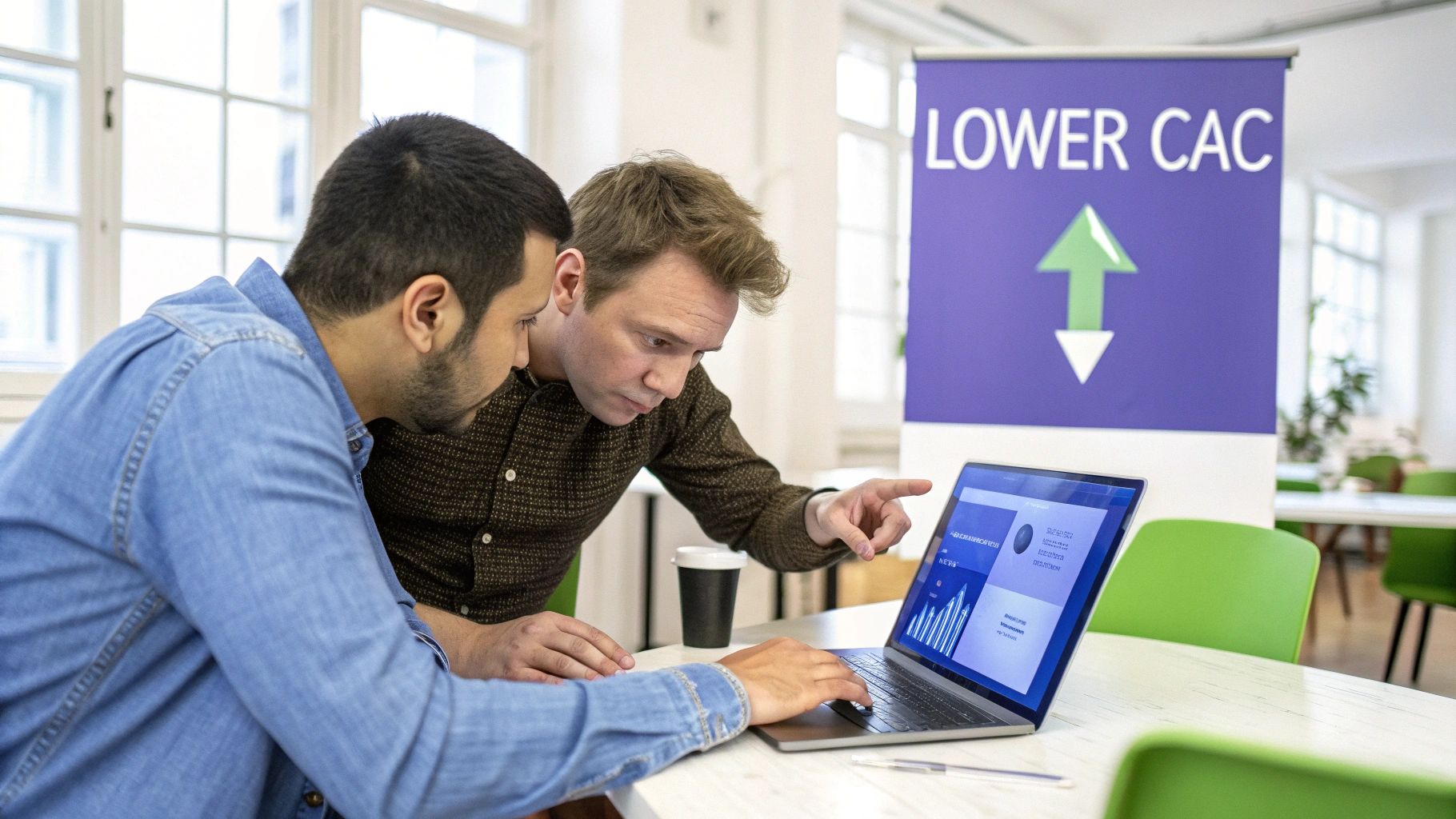 Two men analyzing business data on a laptop, with a 