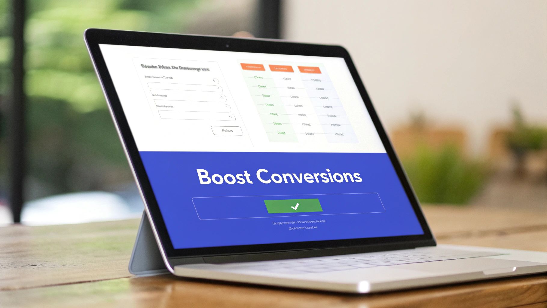 A laptop on a wooden table displaying a web application with 'Boost Conversions' on screen.