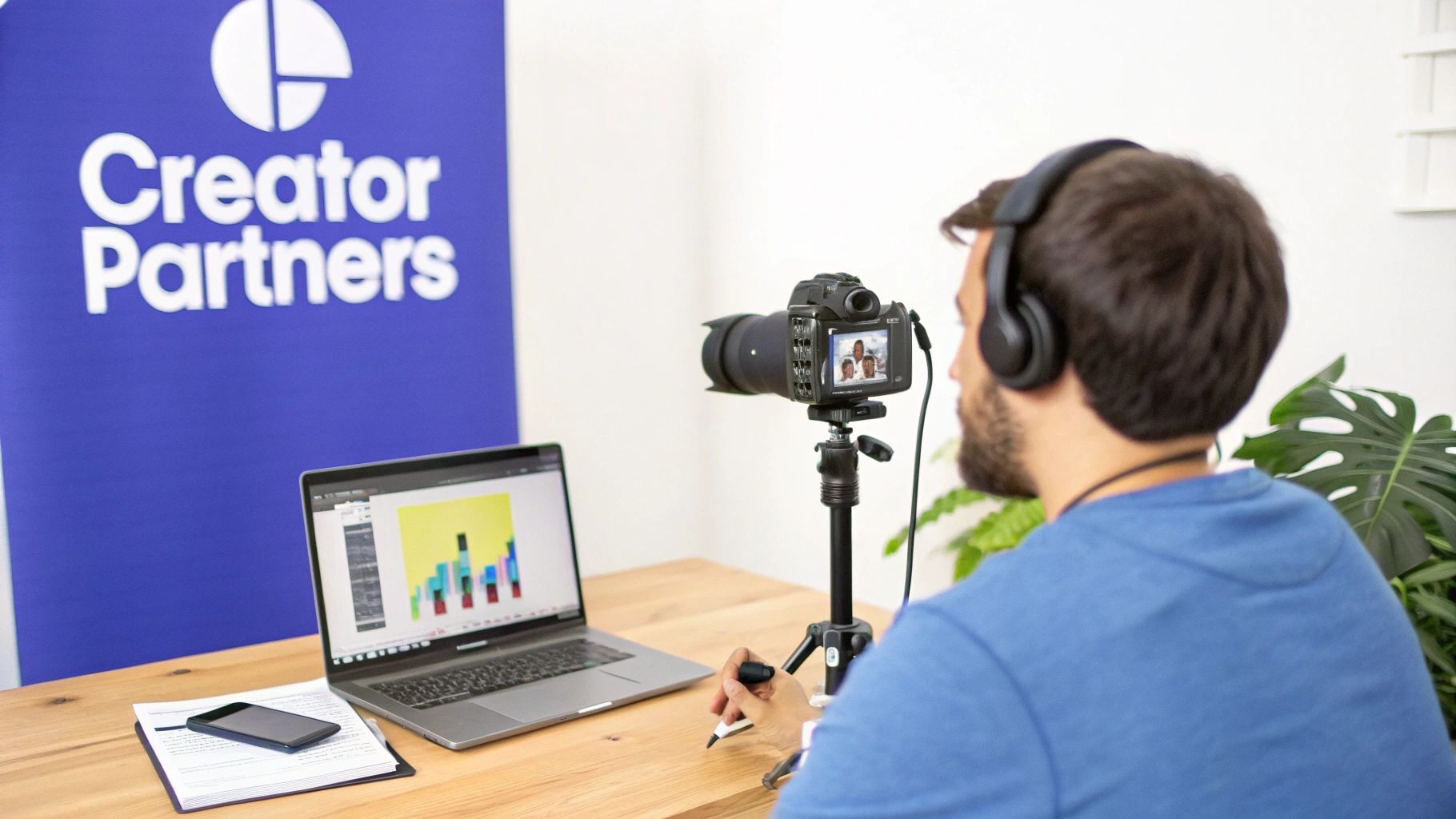 A man wearing headphones records a video with a camera on a tripod, showing a laptop with charts on a desk.