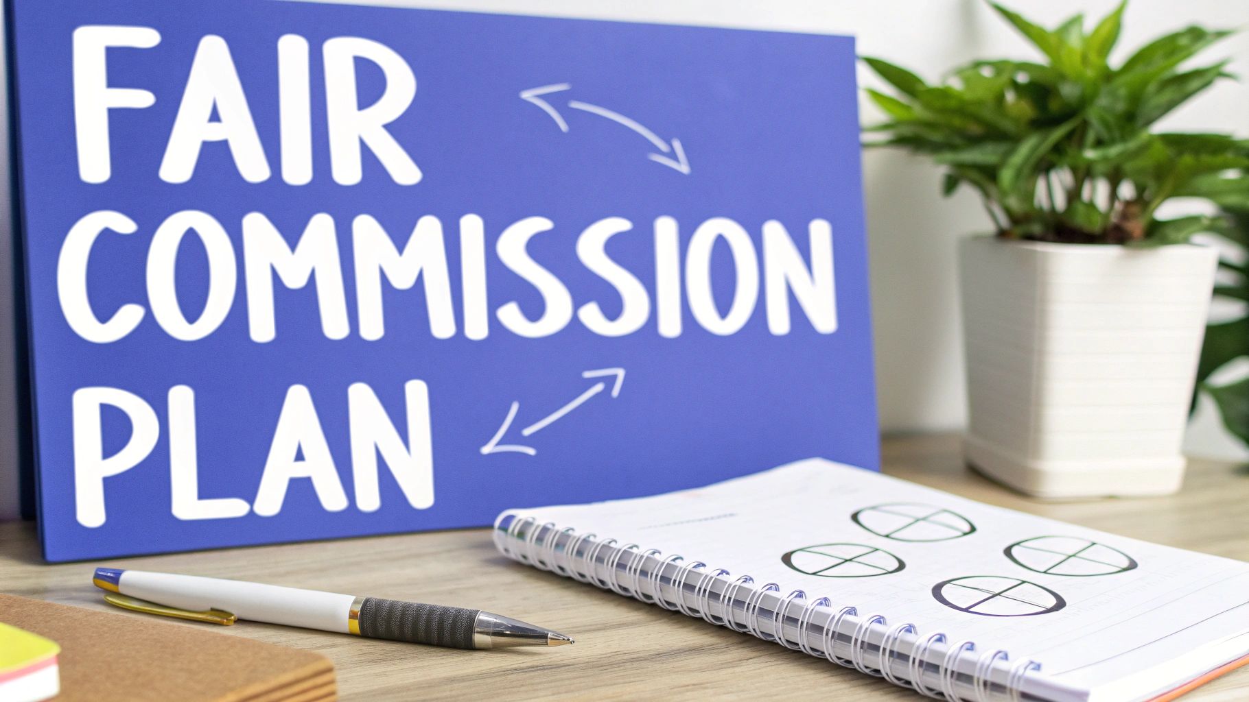 A blue sign displays 'FAIR COMMISSION PLAN' next to a pen, notebook, and potted plant on a desk.