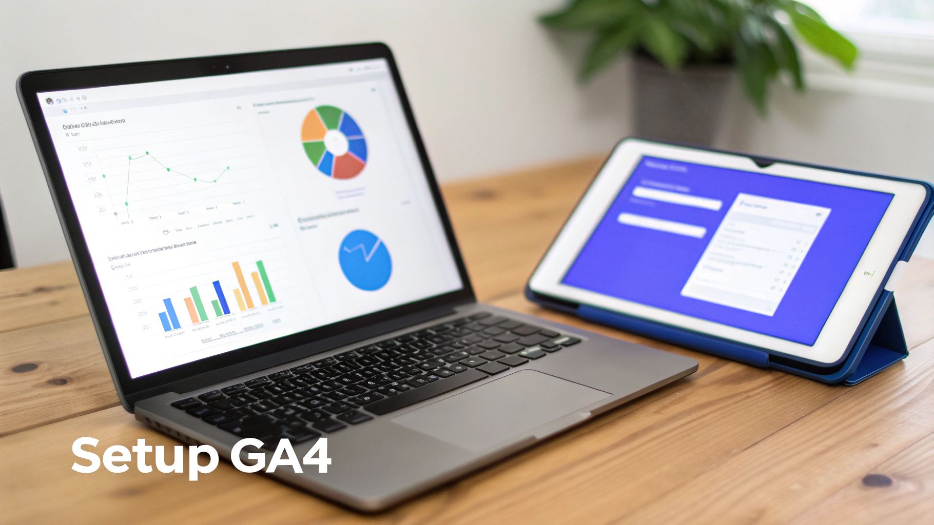 A laptop displaying data analytics graphs and charts, next to a tablet, on a wooden desk.