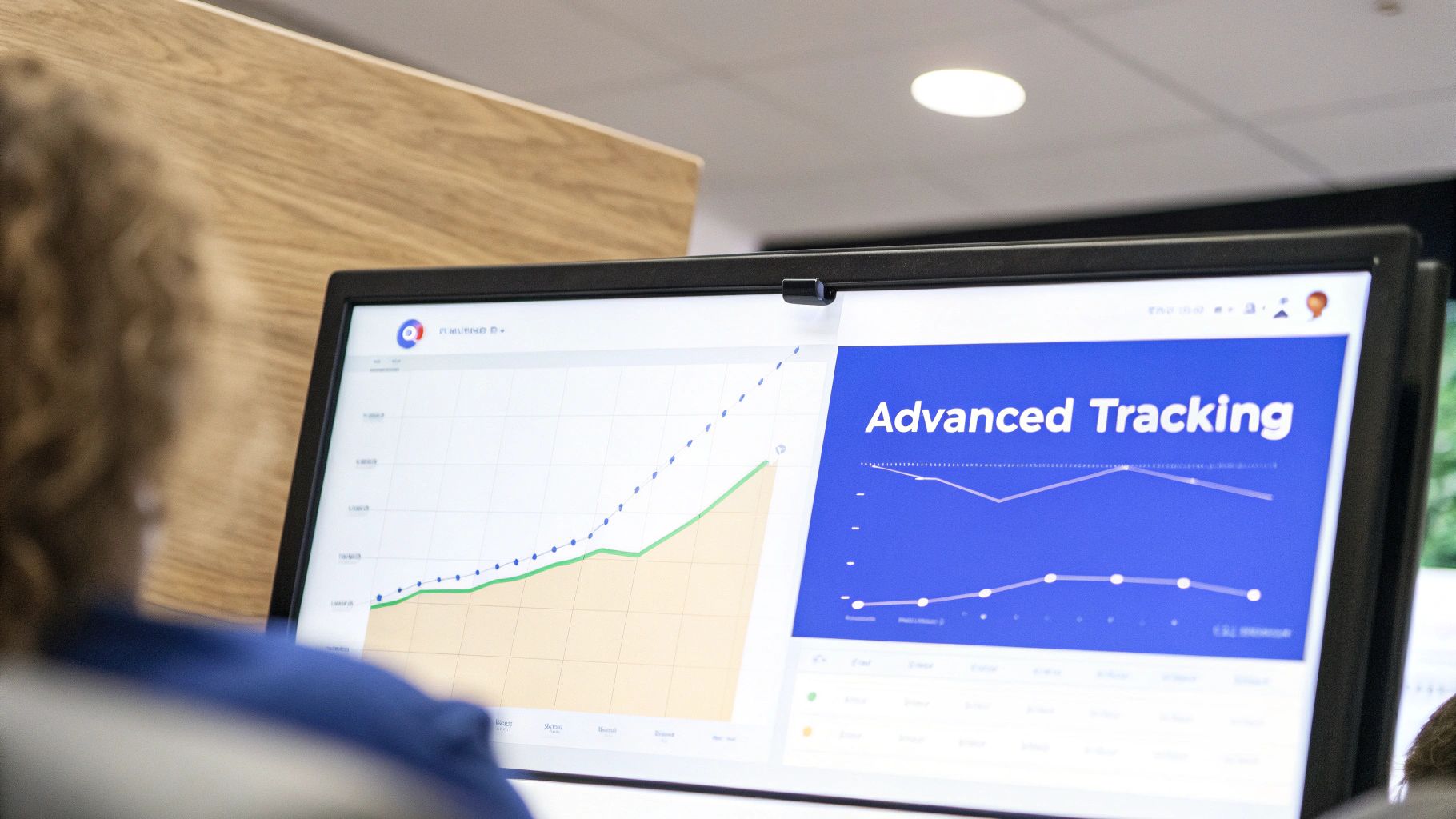 Person viewing a computer screen displaying advanced tracking data and analytics graphs.
