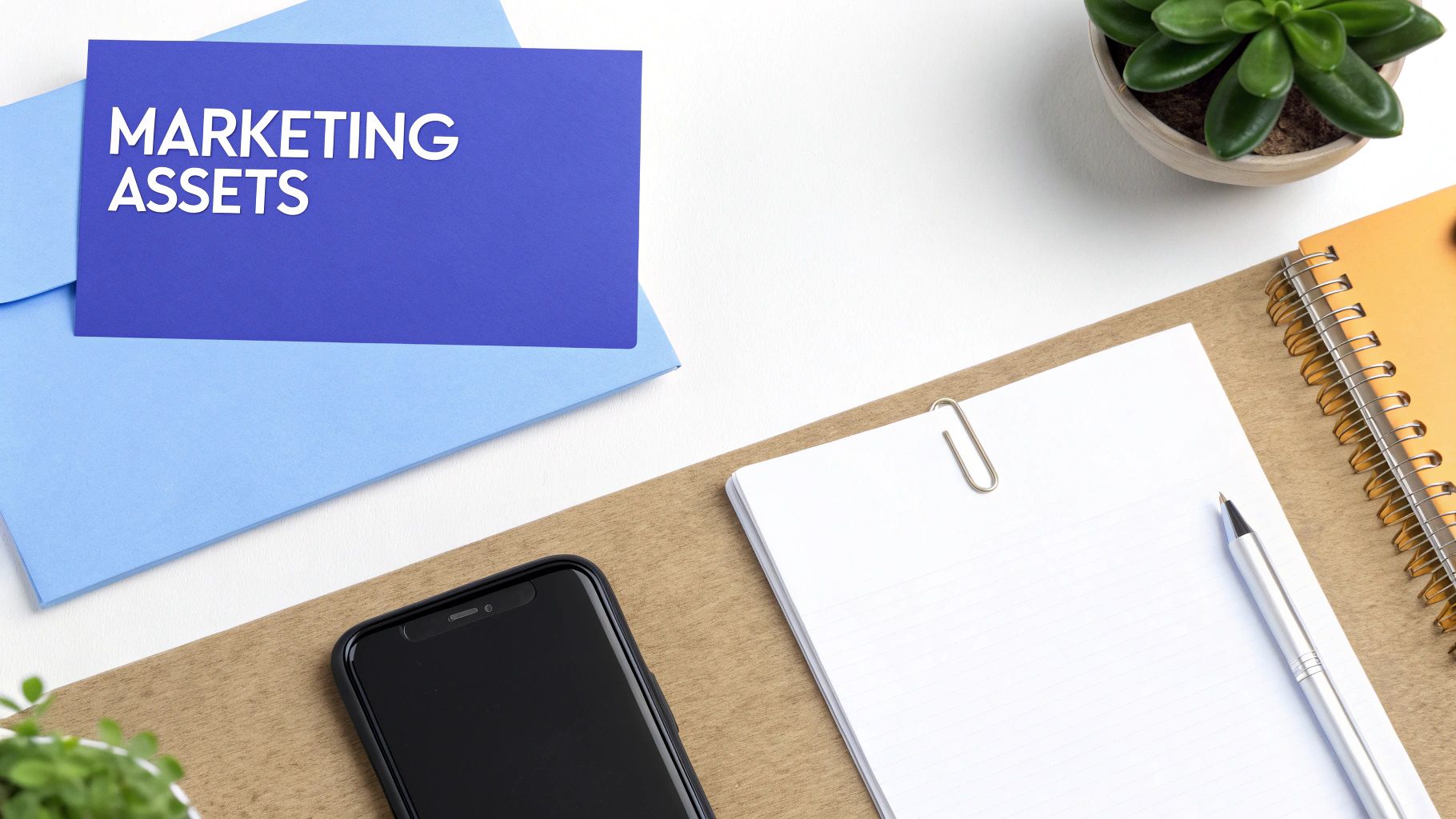 Overhead flat lay of a desk with a 'MARKETING ASSETS' card, smartphone, notebook, pen, and plant.