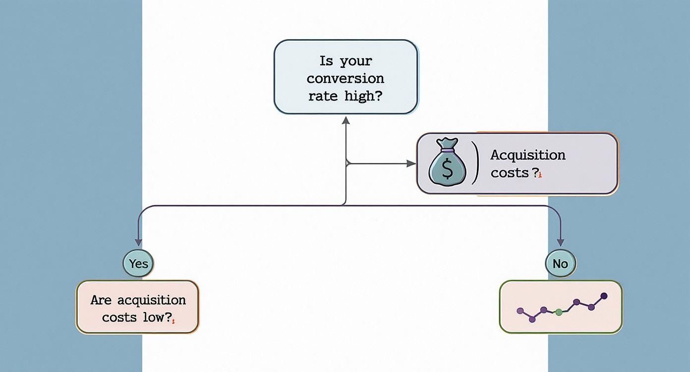 Flowchart illustrating decision-making based on conversion rates and acquisition costs, with Yes/No paths.