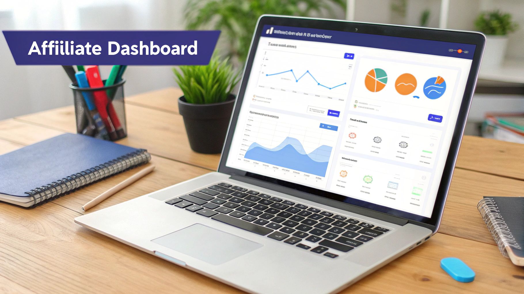 A laptop displaying an affiliate dashboard with graphs and charts on a wooden desk with office supplies.