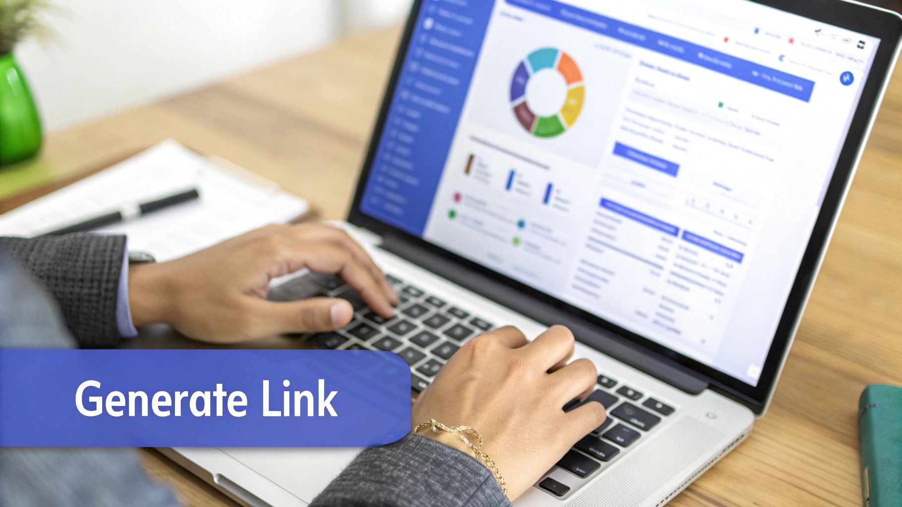 A person working on a laptop with a chart showing upward trends in the background.