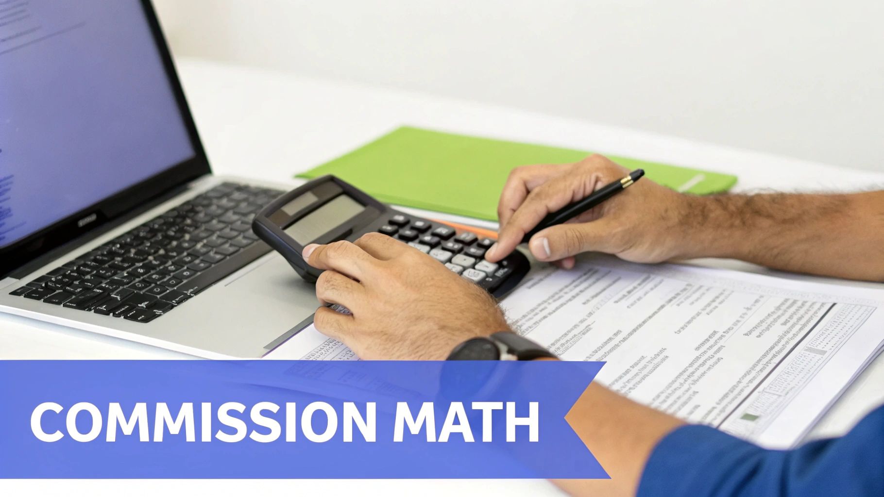 A person uses a calculator and pen while working on commission math with a laptop and documents.