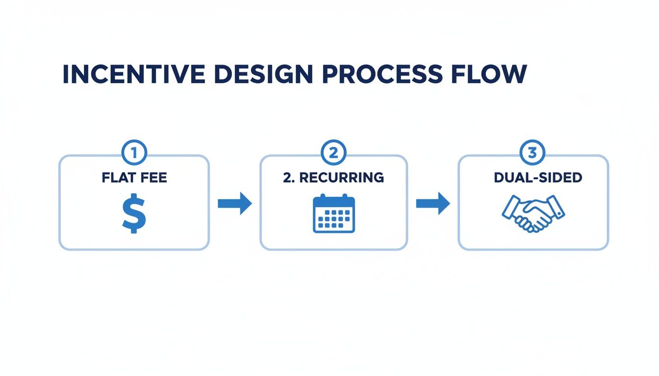 A process flow diagram illustrating three incentive design models: flat fee, recurring, and dual-sided.