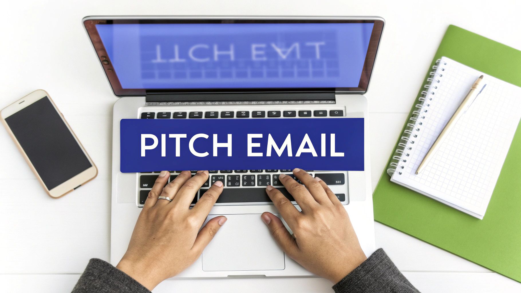 Person typing on a laptop with a blue 'PITCH EMAIL' banner, smartphone, and notebook.