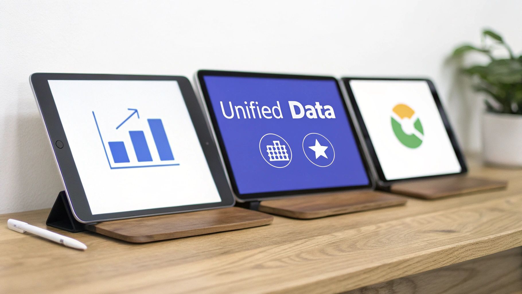 A person at a desk surrounded by various marketing analytics dashboards on screens, symbolizing a data stack.
