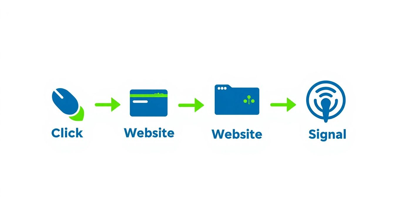 Flow diagram showing click tracking process from mouse click through websites to signal transmission