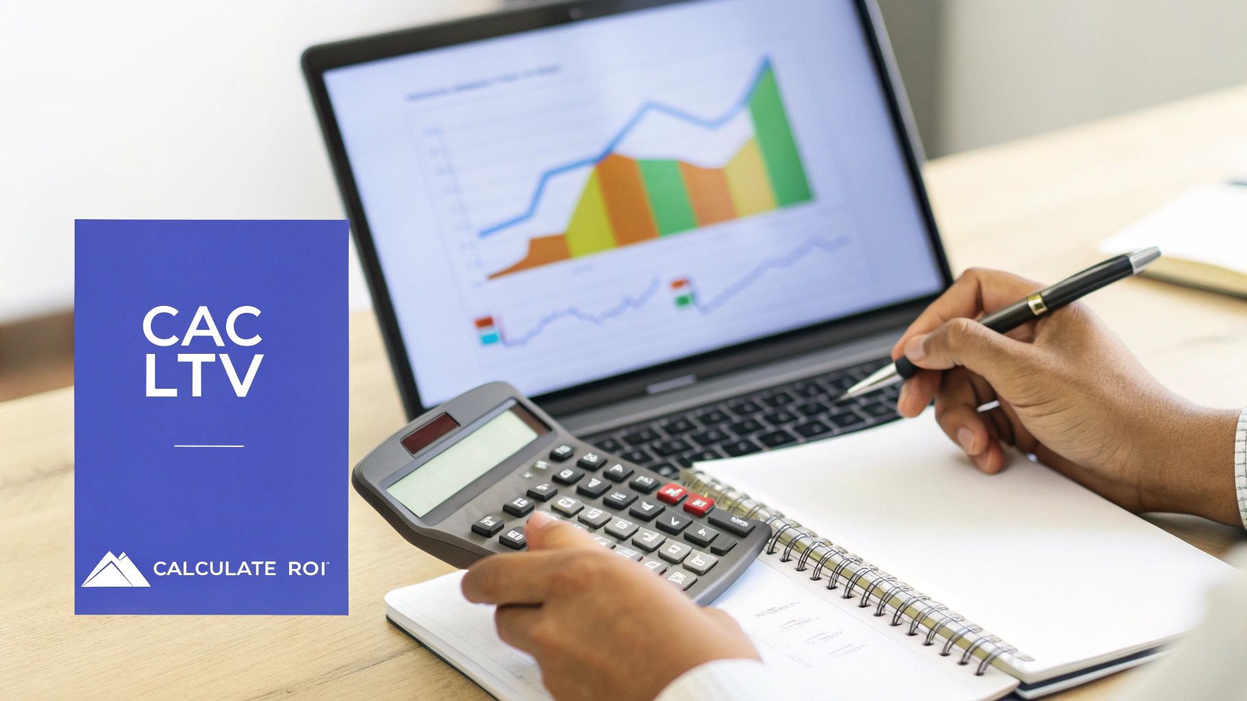A person analyzes financial data, calculating ROI with a calculator and laptop showing graphs, highlighting CAC and LTV.