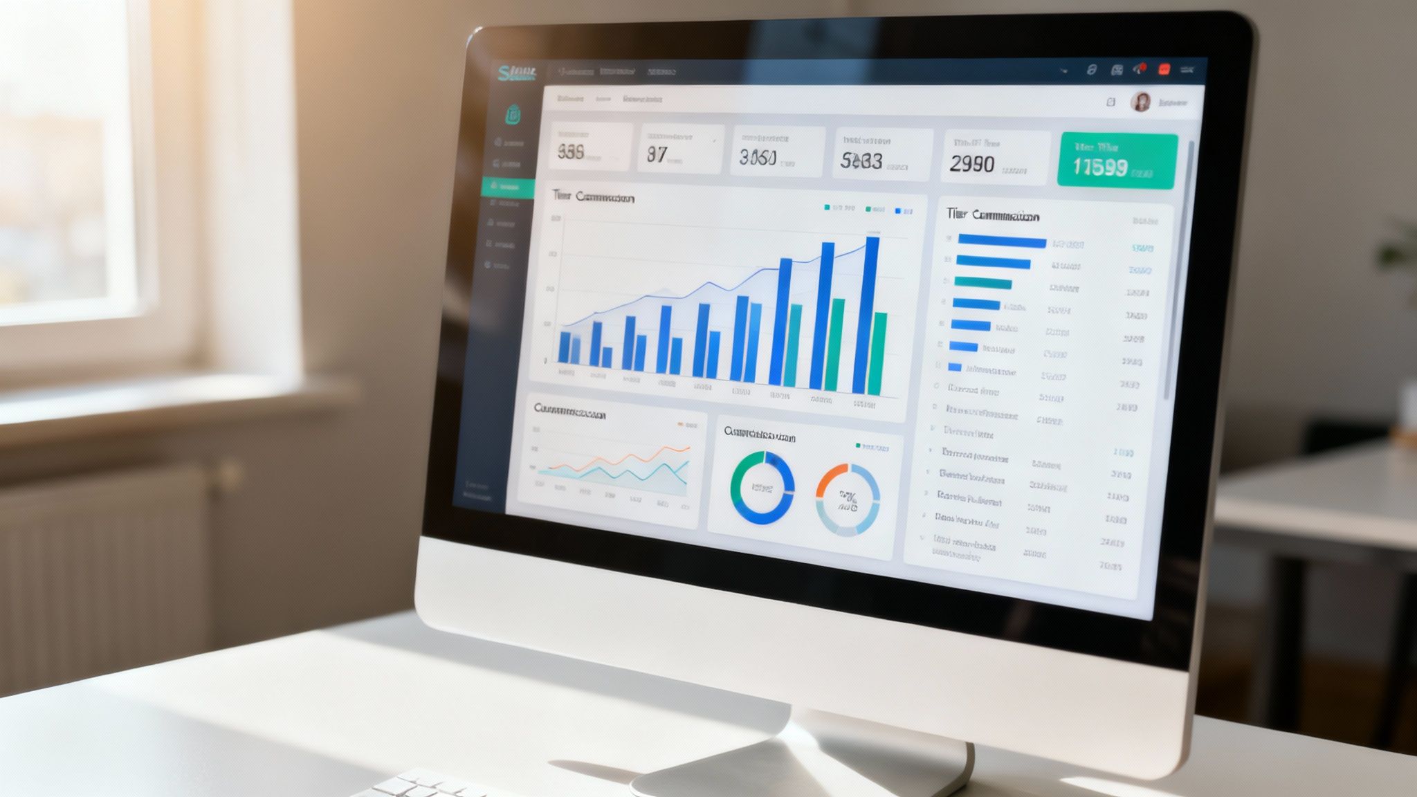 A modern dashboard on a tablet showing sales analytics and charts.