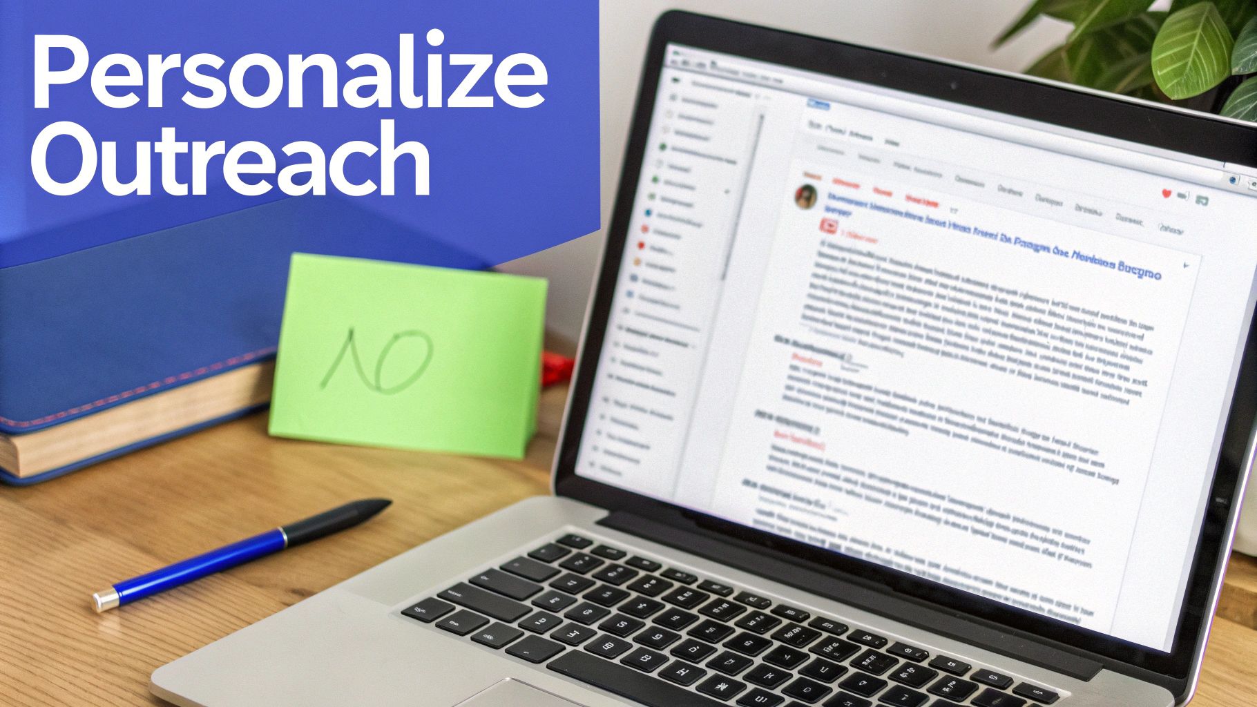 A laptop showing a social media feed on a wooden desk with a blue book, a pen, and a sticky note, with 'Personalize Outreach' text.