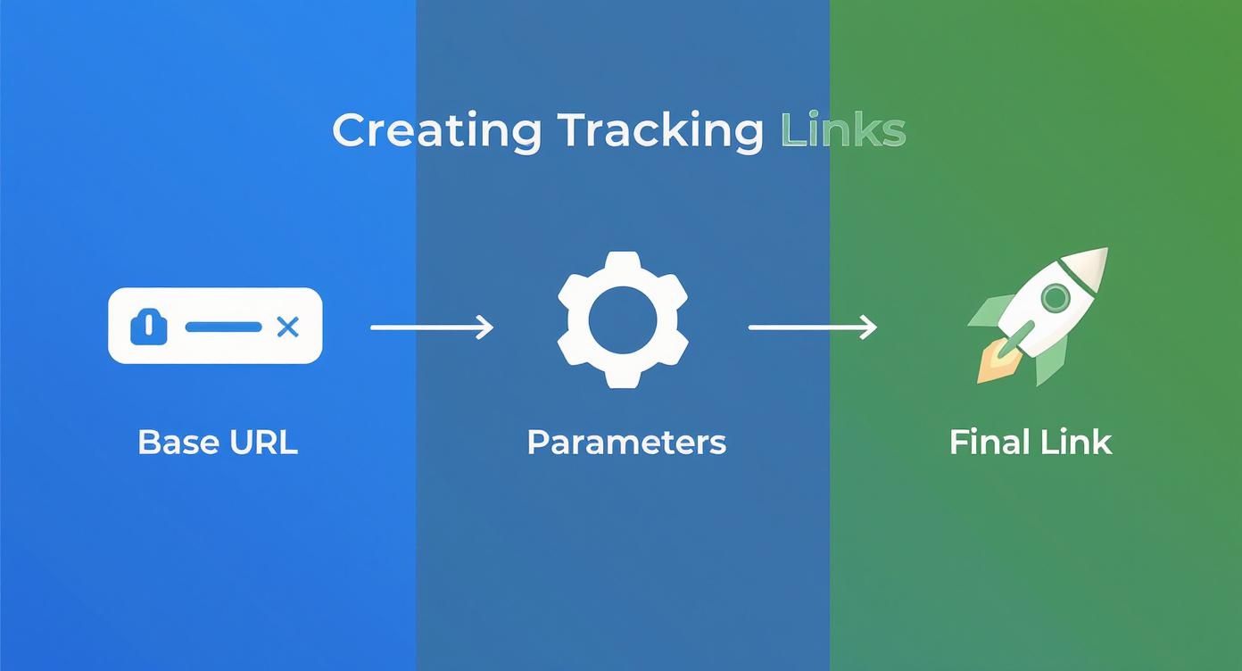 Diagram showing the process of creating tracking links: Base URL + Parameters = Final Link, with icons.