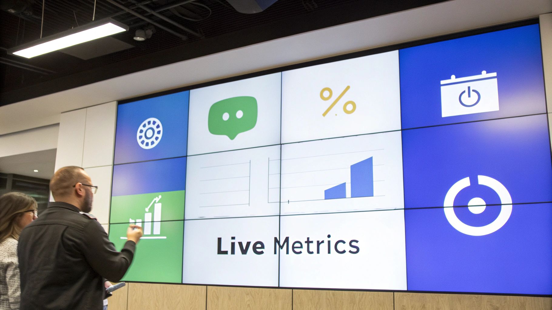 A large video wall displays live metrics with data icons and charts, observed by two people.
