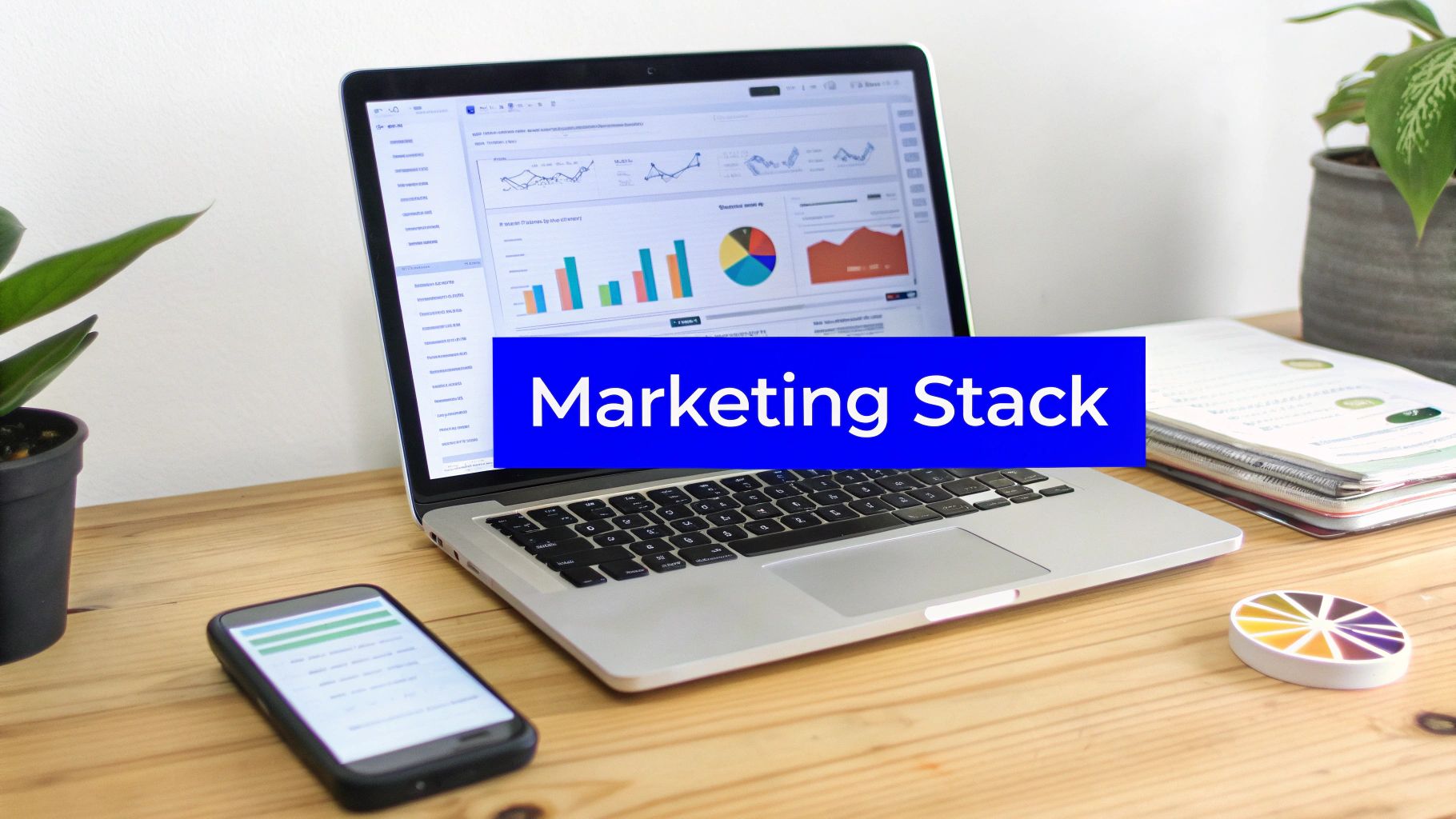 A laptop displaying marketing analytics, a smartphone, and office supplies on a wooden desk with 'Marketing Stack' text.