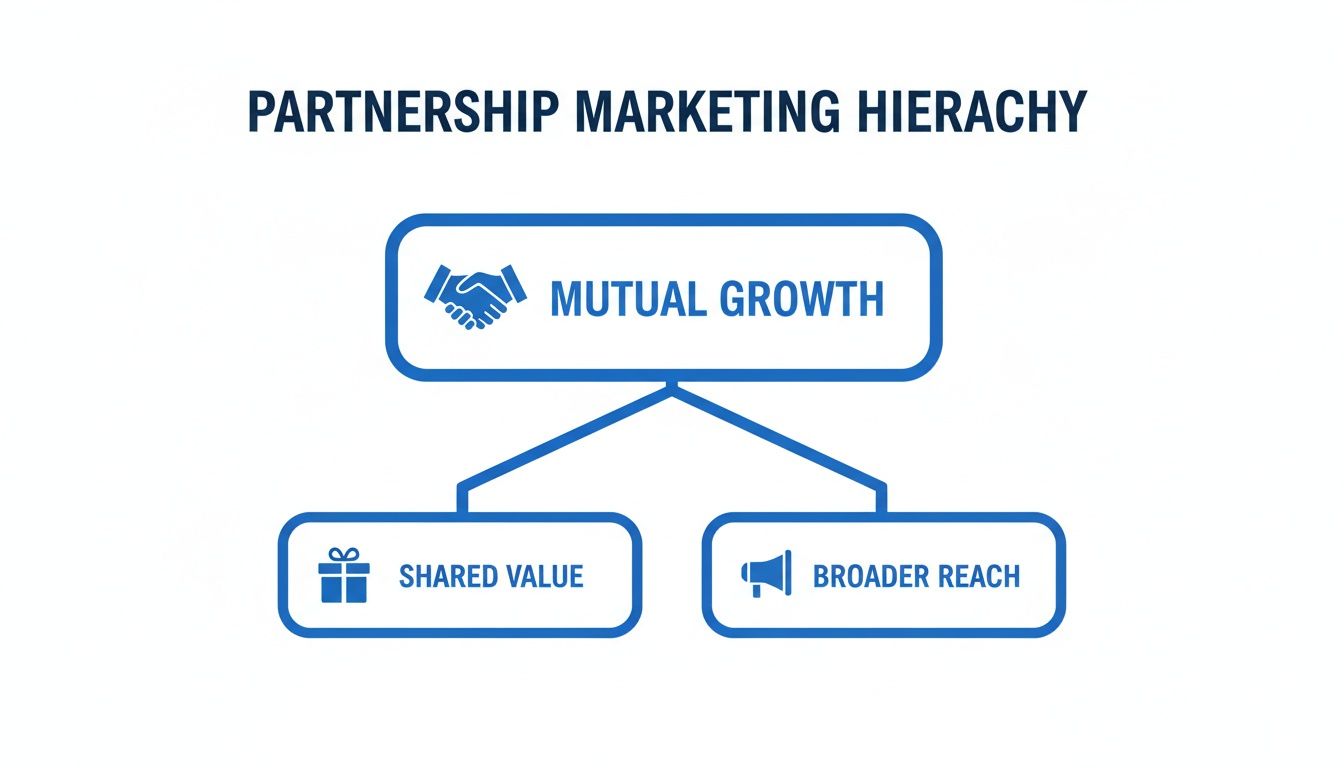 A diagram illustrating the partnership marketing hierarchy with mutual growth leading to shared value and broader reach.