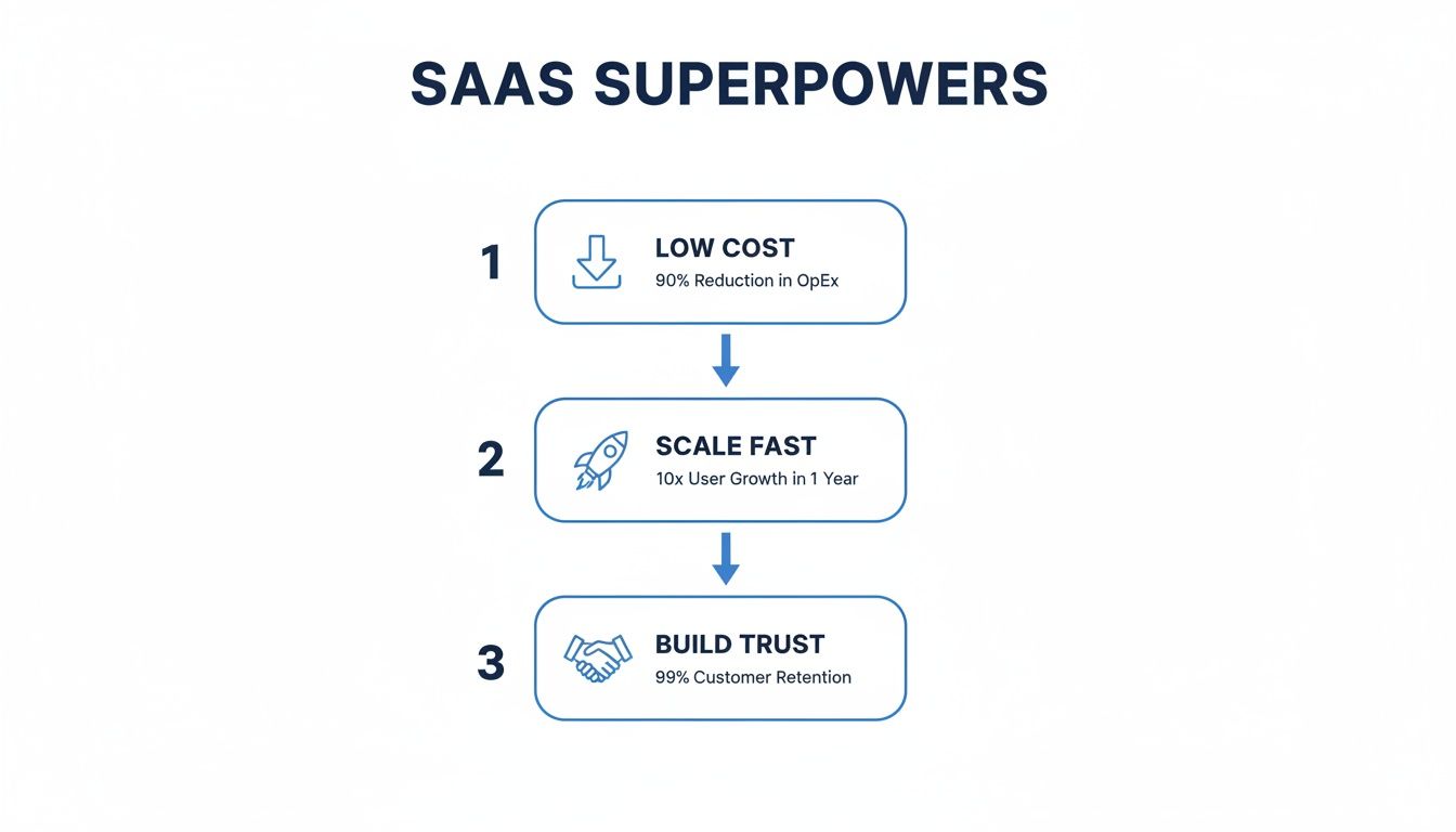 Flowchart illustrating three SaaS superpowers: low cost, fast scaling, and building trust.