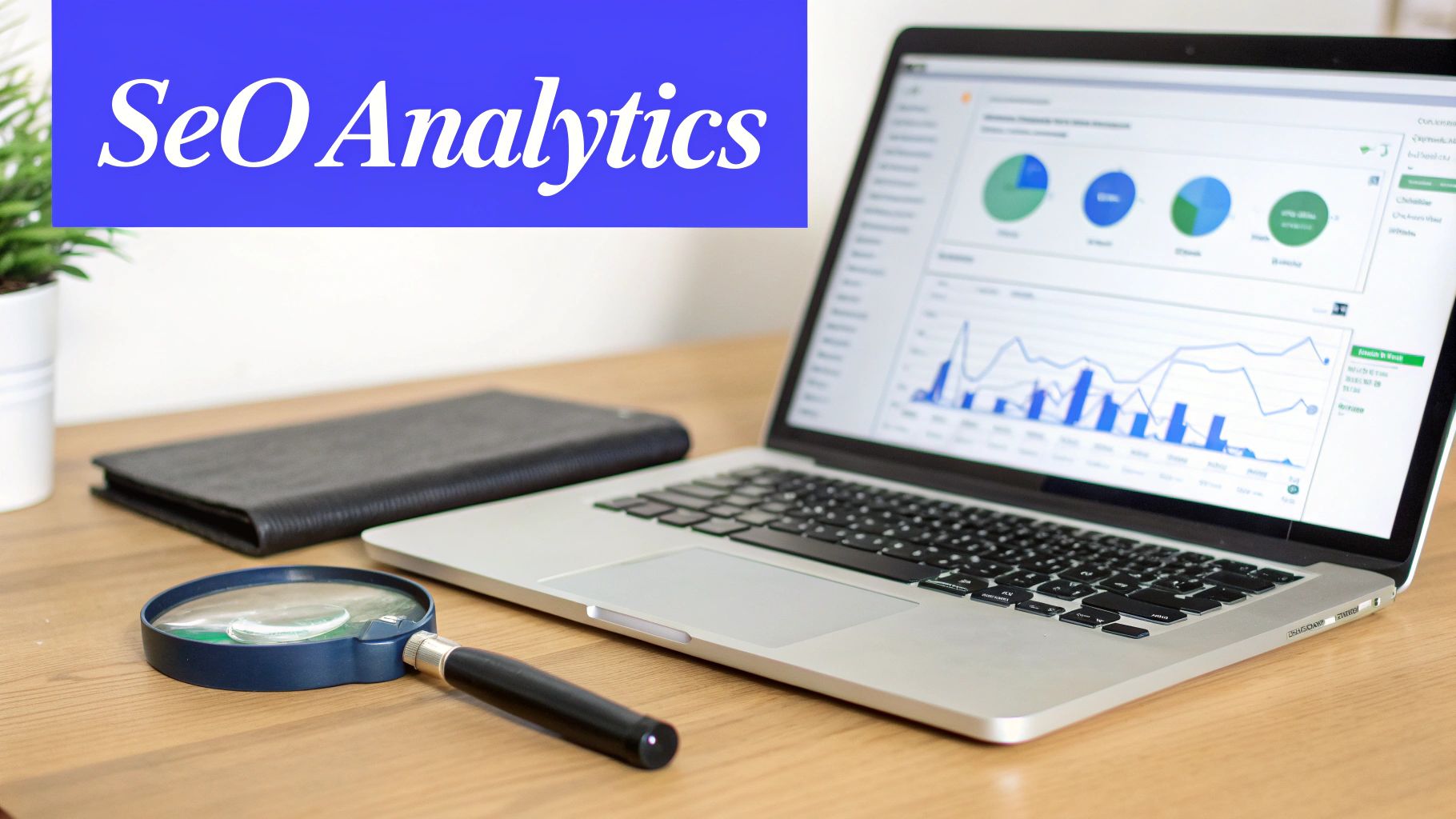 A laptop screen showing SEO analytics charts and graphs on a desk with a magnifying glass and notebook.