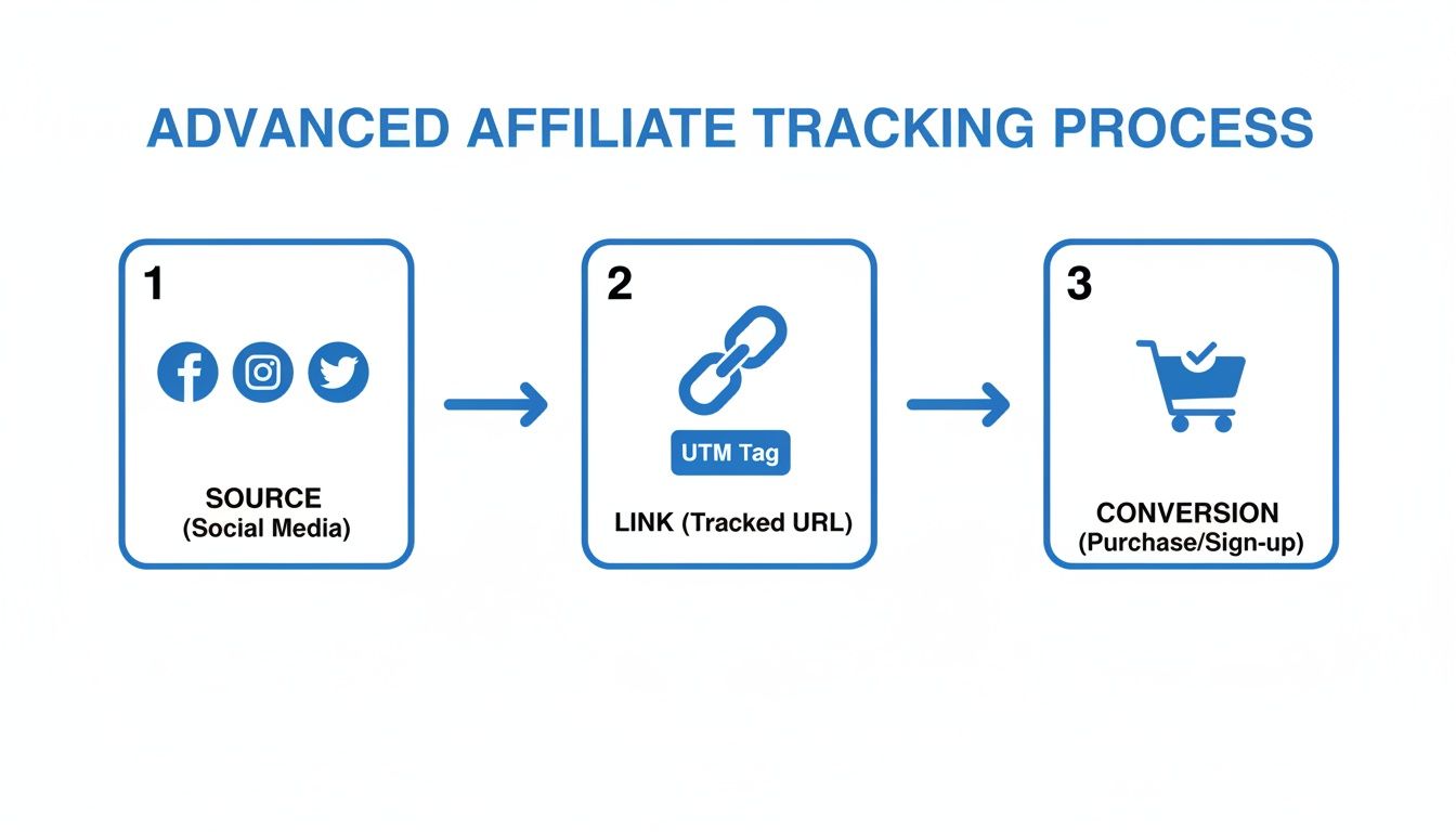 Diagram illustrating the advanced affiliate tracking process from social media source to tracked link and conversion.