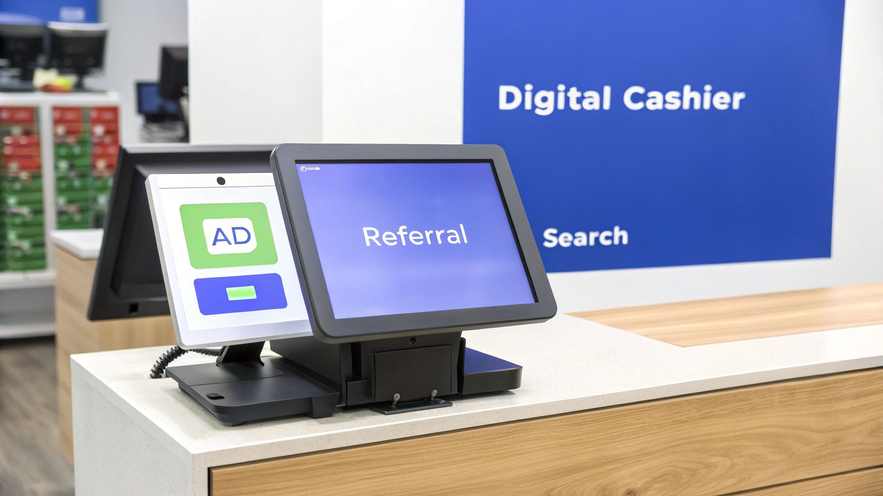 Two modern digital self-service kiosks on a counter in a retail environment with 