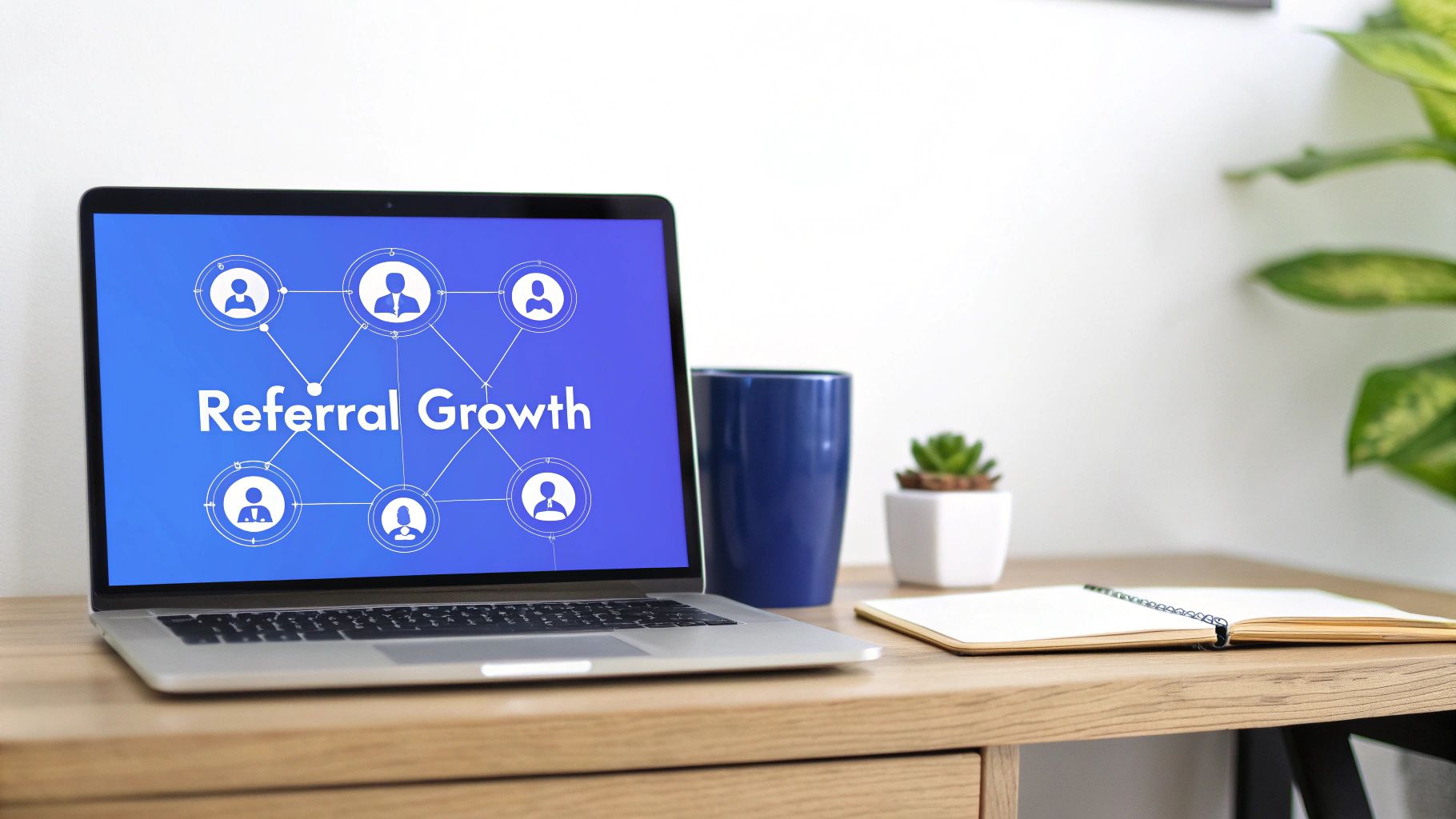 A laptop screen displays 'Referral Growth' with connected user icons on a wooden desk.