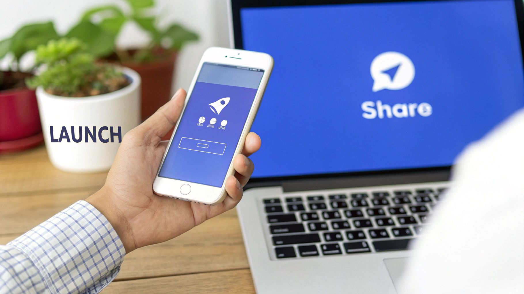A person's hand holds a smartphone with a launch app, next to a laptop showing a 'Share' screen.