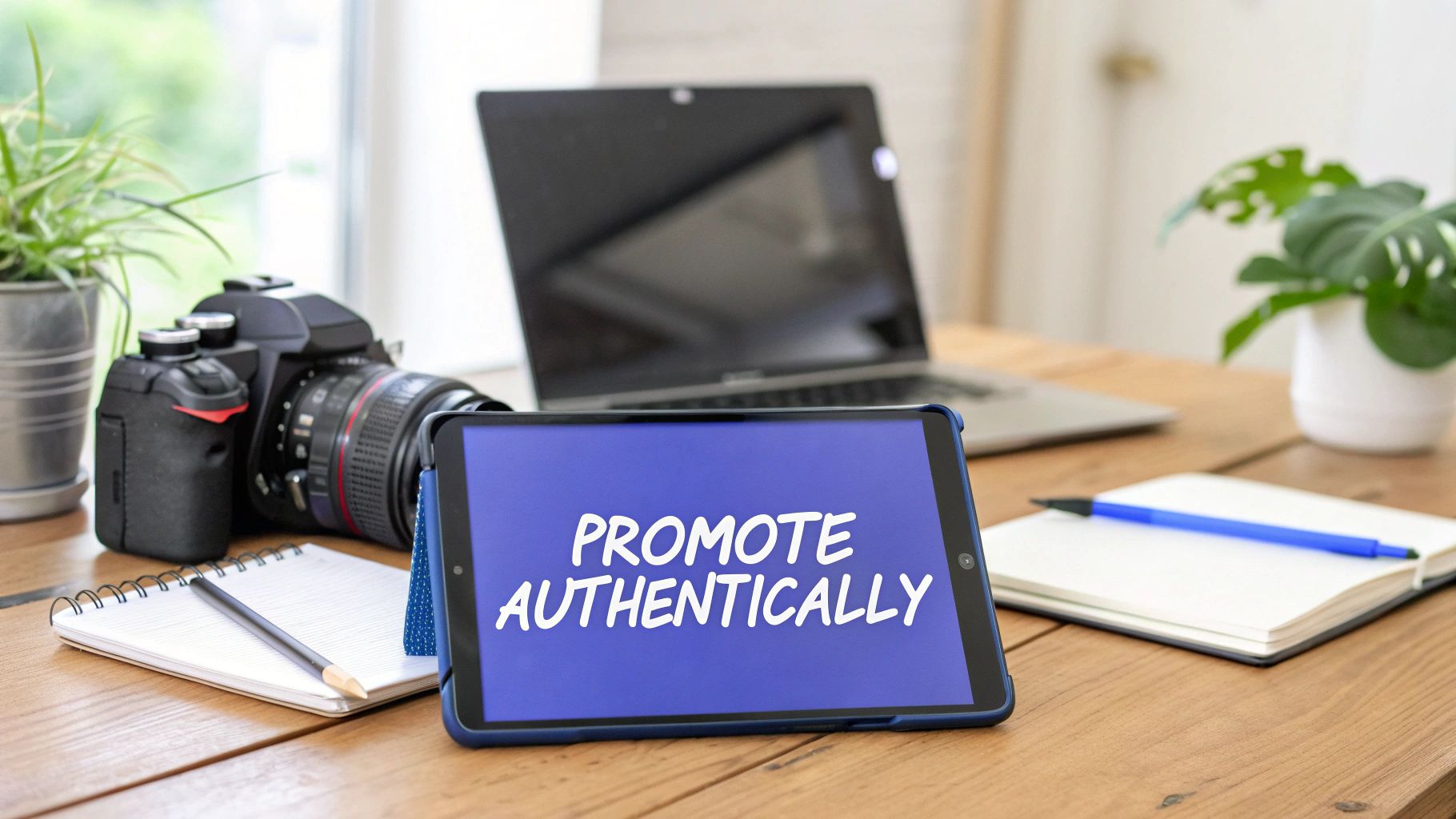 A blue tablet displaying 'PROMOTE AUTHENTICALLY' on a desk with a camera, laptop, and notebooks.