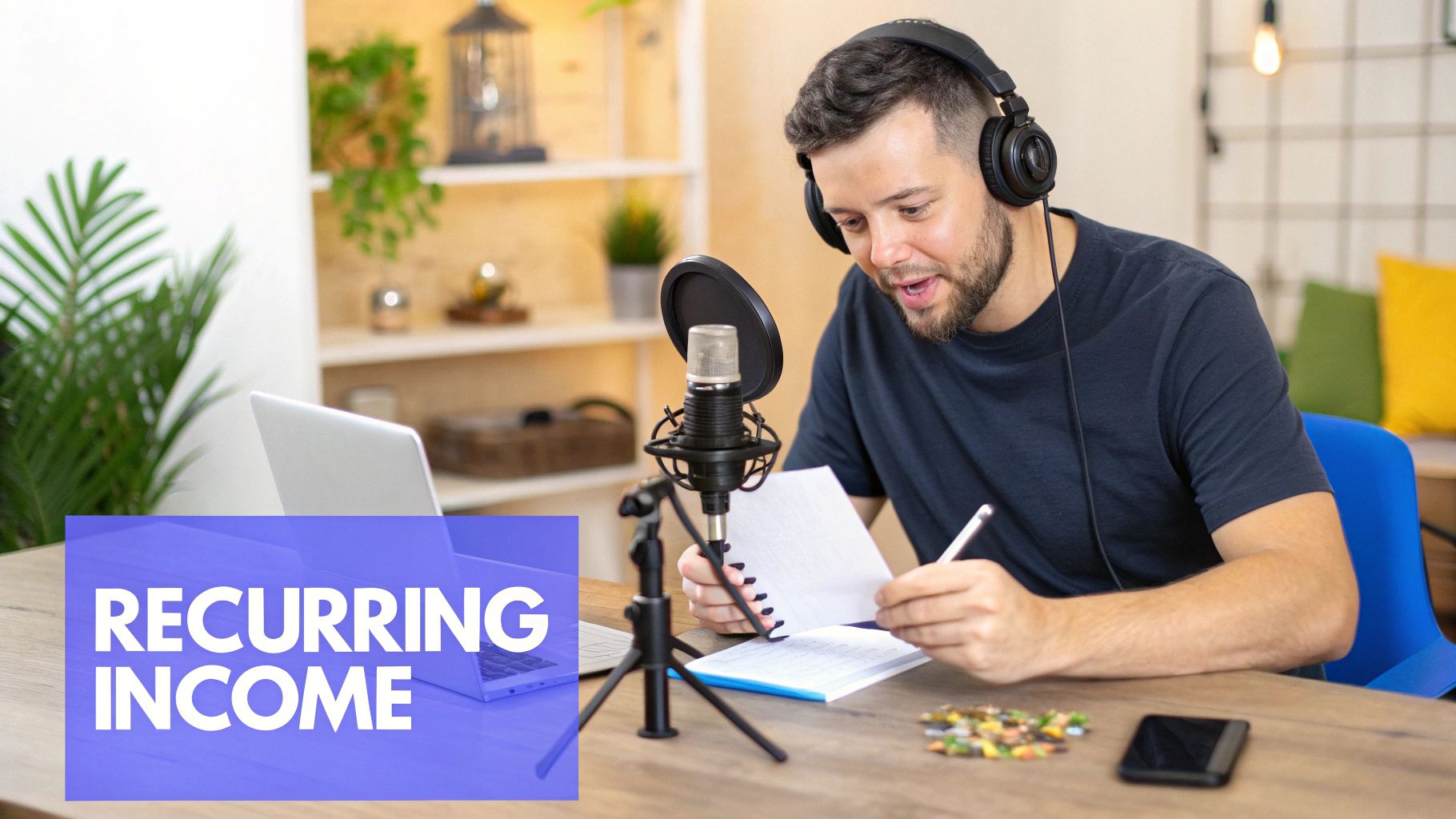 A man podcasting at a desk with headphones, microphone, laptop, and notes, with 'RECURRING INCOME' text.