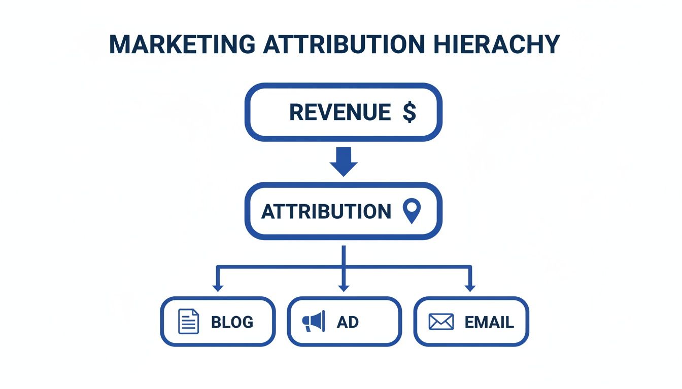 Diagram showing marketing attribution hierarchy, linking revenue to channels: blog, ad, and email.