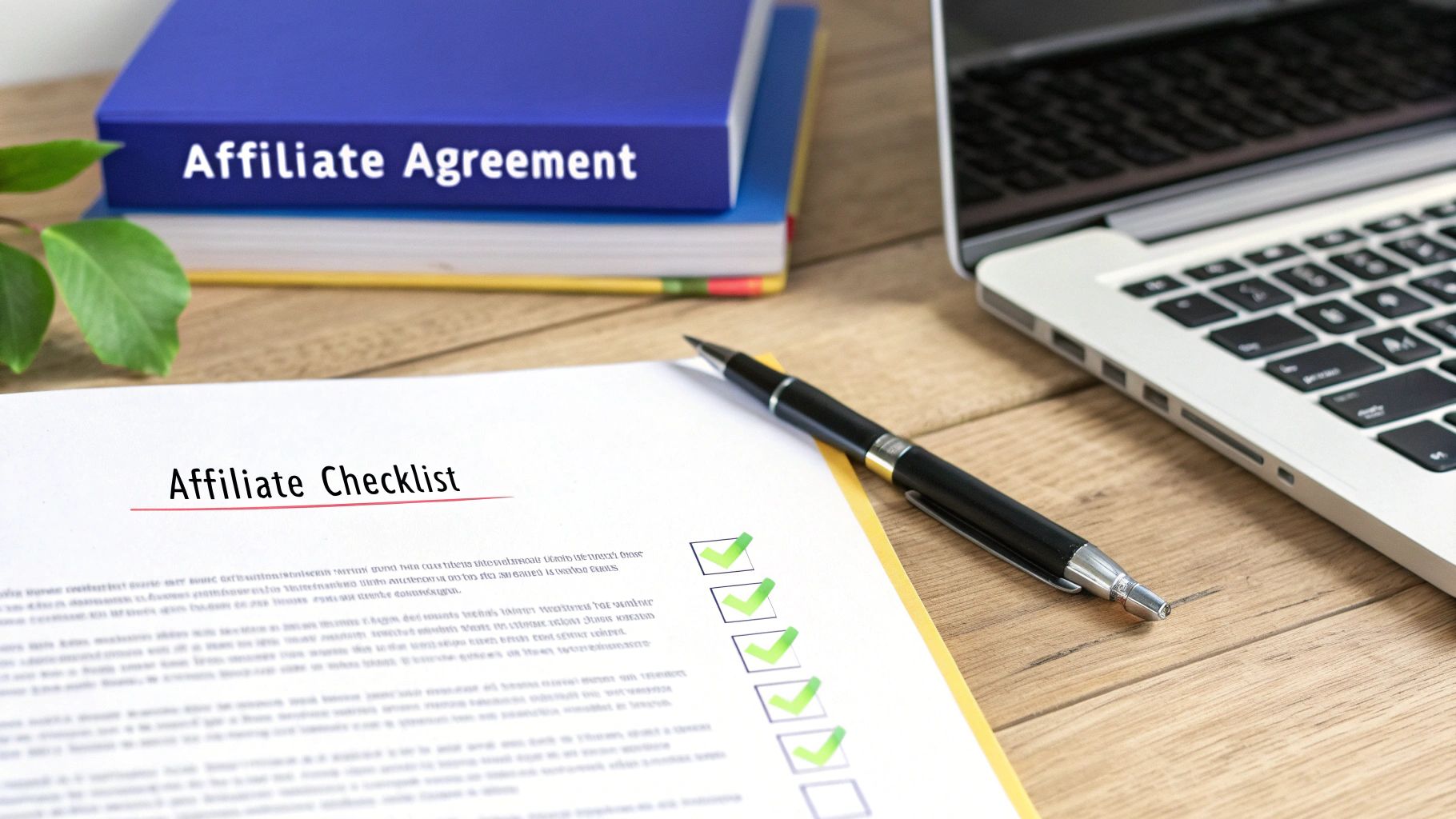 A person at a desk using a checklist to review an affiliate agreement template on a laptop.