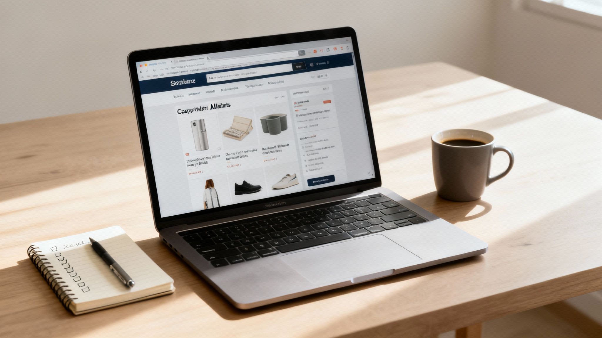 An illustrated hand holding a magnifying glass over a list of potential affiliate programs on a screen