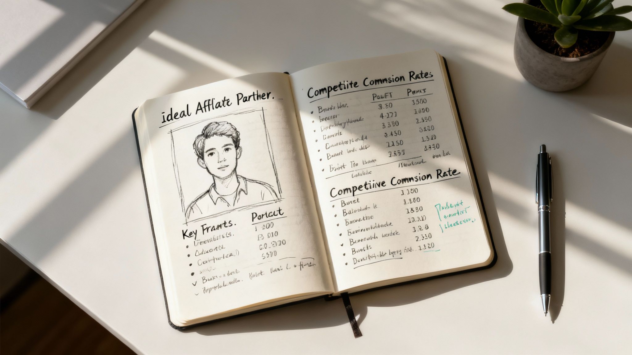 A person at a desk sketching out a plan for an affiliate program, with charts and graphs in the background.