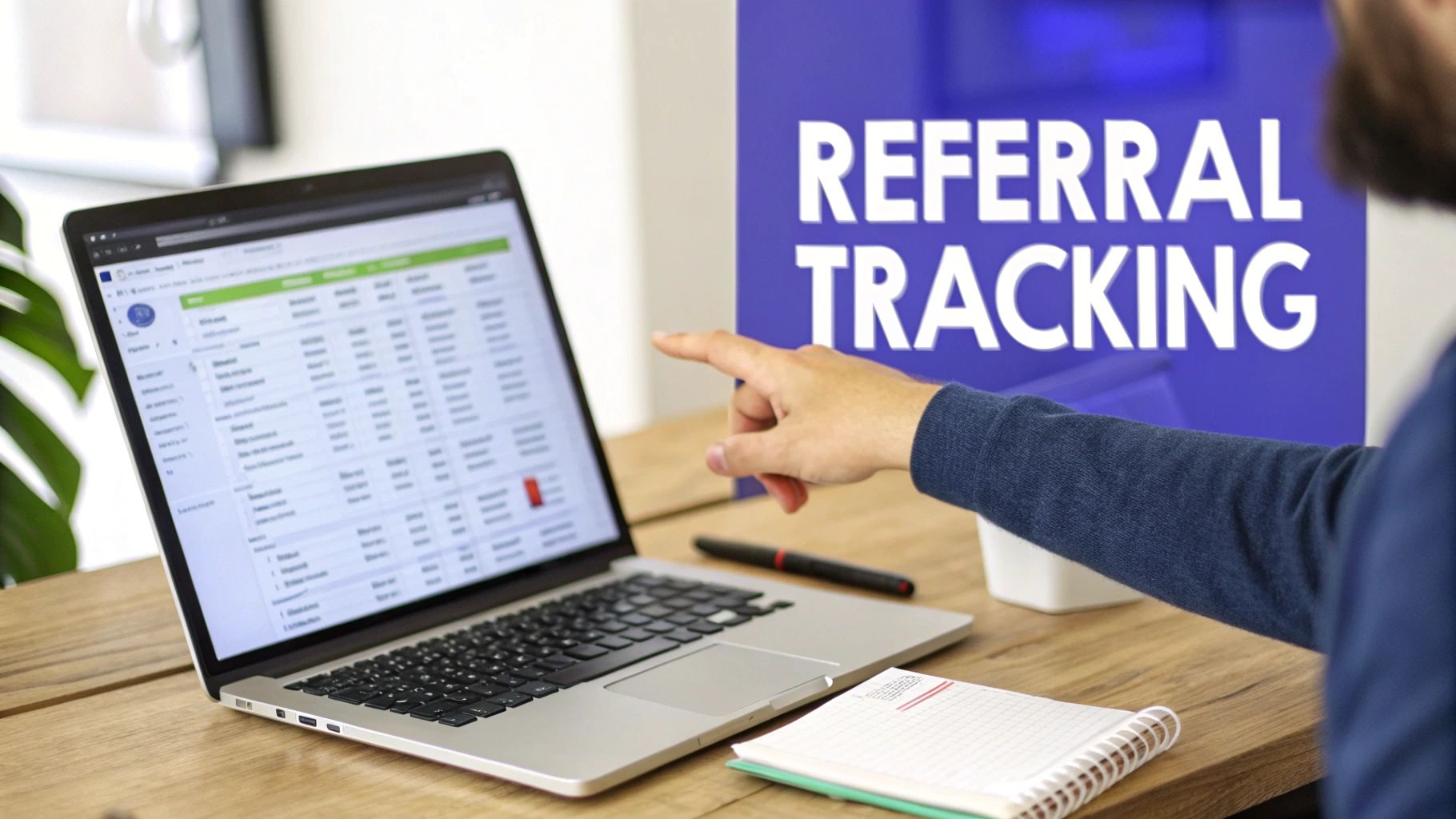 A person's hand points to a 'REFERRAL TRACKING' sign, with a laptop showing data on a desk.