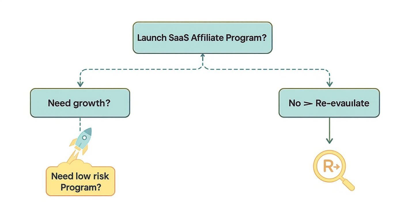 A flowchart for deciding whether to launch a SaaS affiliate program, considering growth and risk.