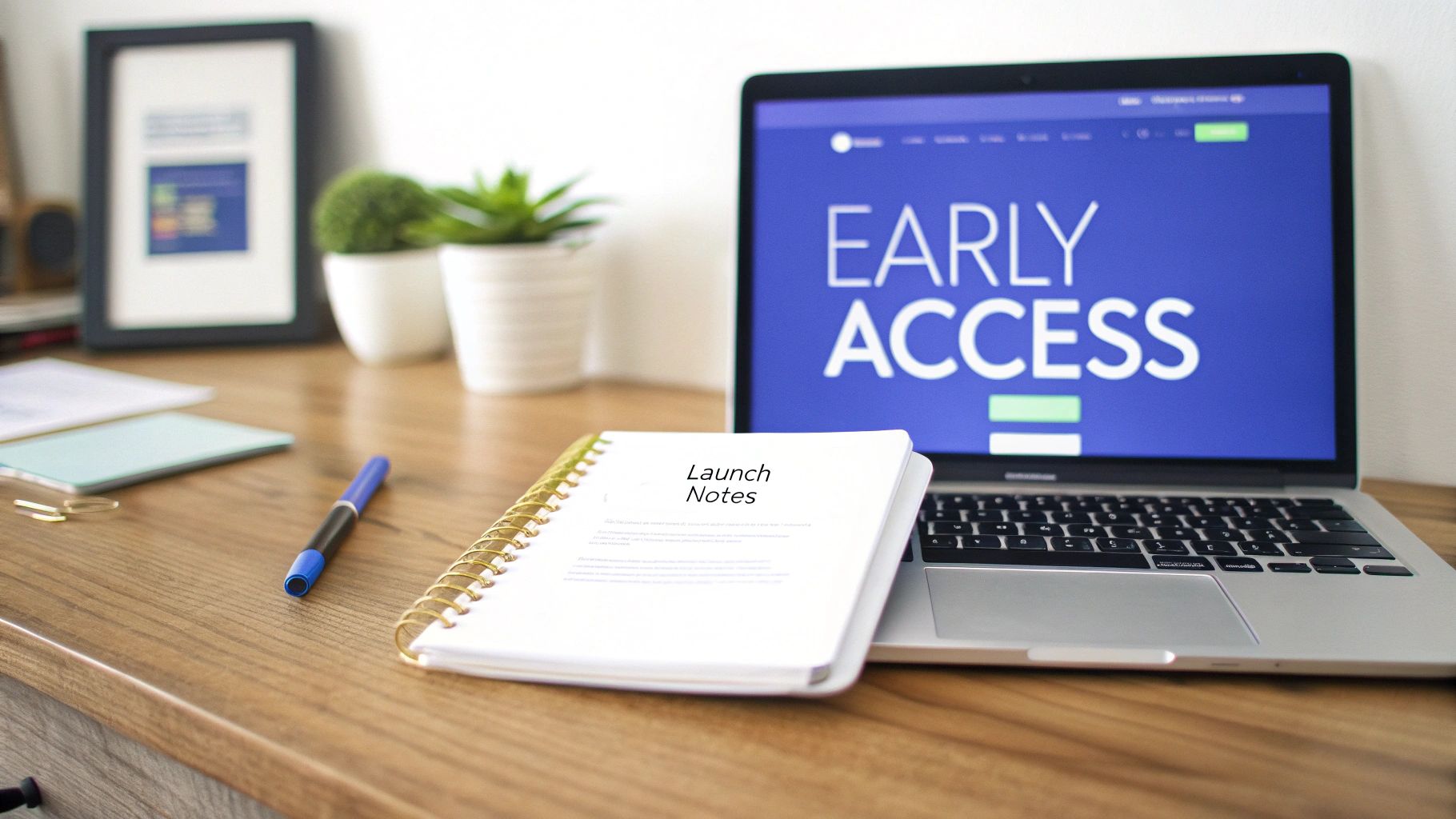 A modern workspace with a laptop showing 'EARLY ACCESS', a 'Launch Notes' notebook, and desk accessories.