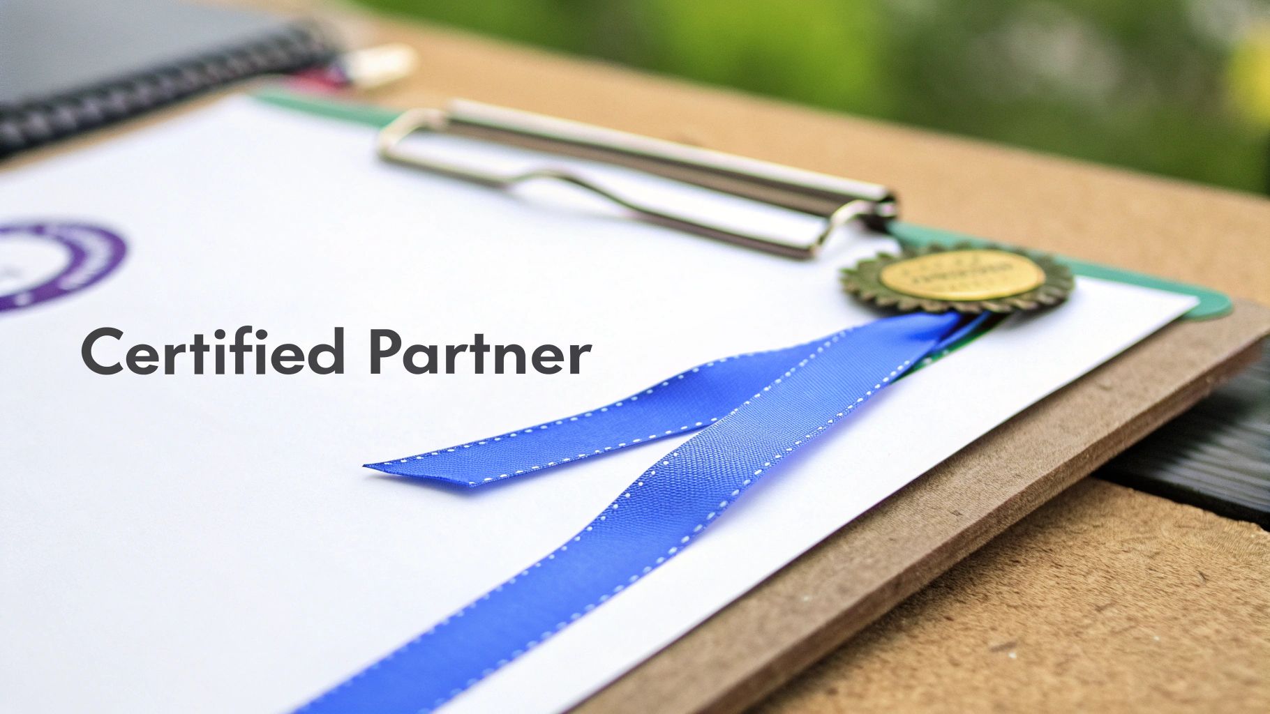 A document on a clipboard displays 'Certified Partner' with a blue ribbon and a gold medal, signifying official recognition.