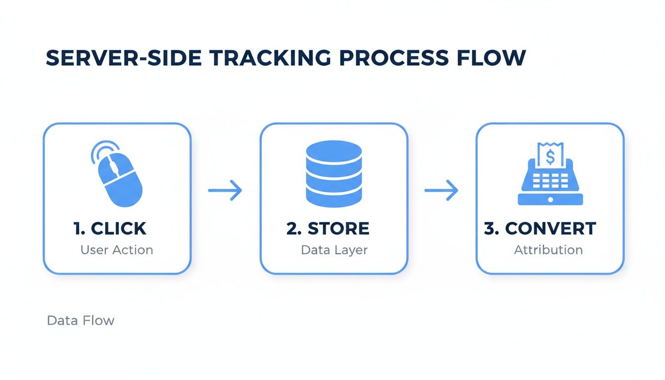Flowchart illustrating the server-side tracking process: click, store data, and convert for attribution.