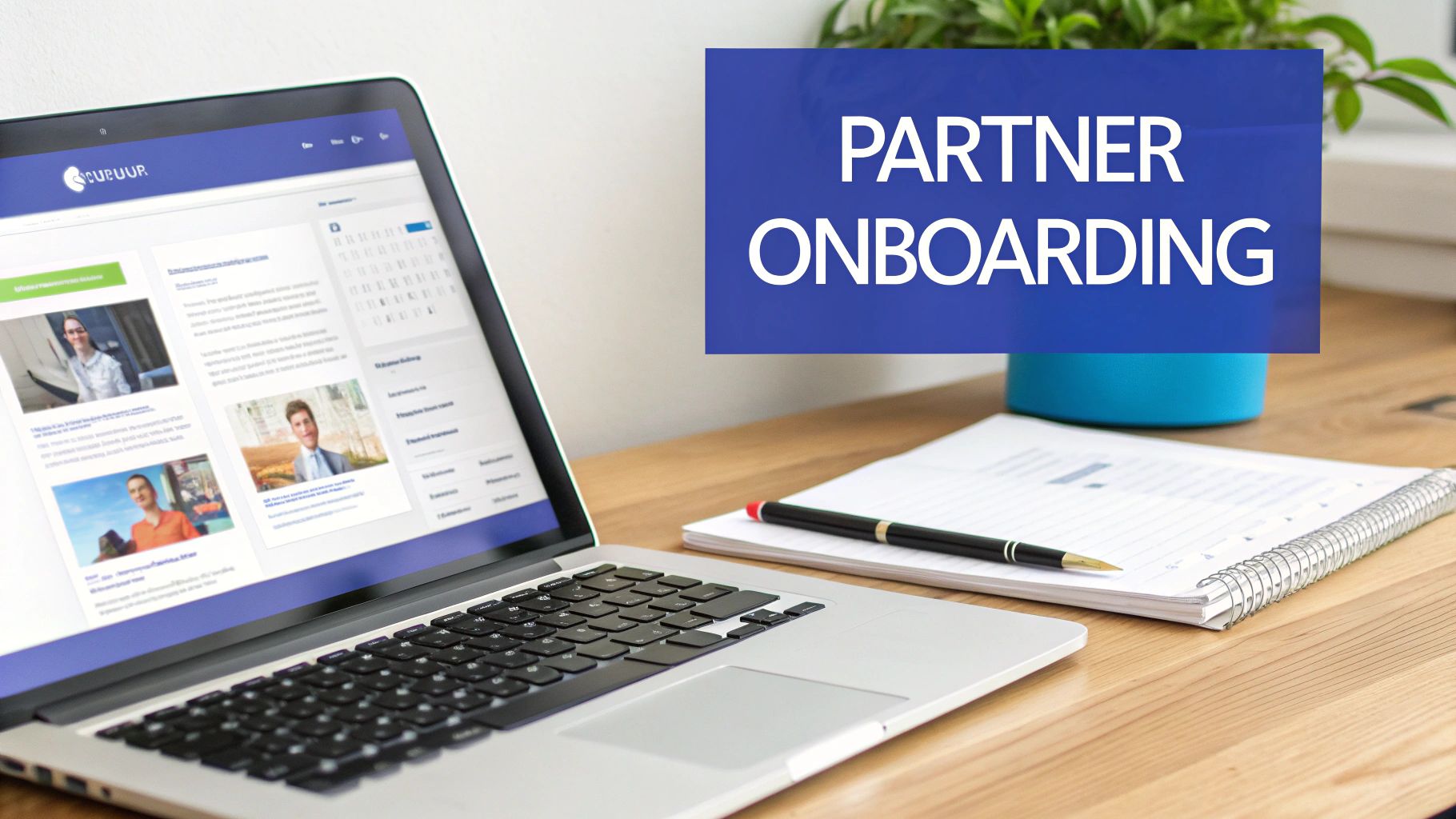 A laptop on a wooden desk displaying a website next to a notebook and a 'PARTNER ONBOARDING' sign.