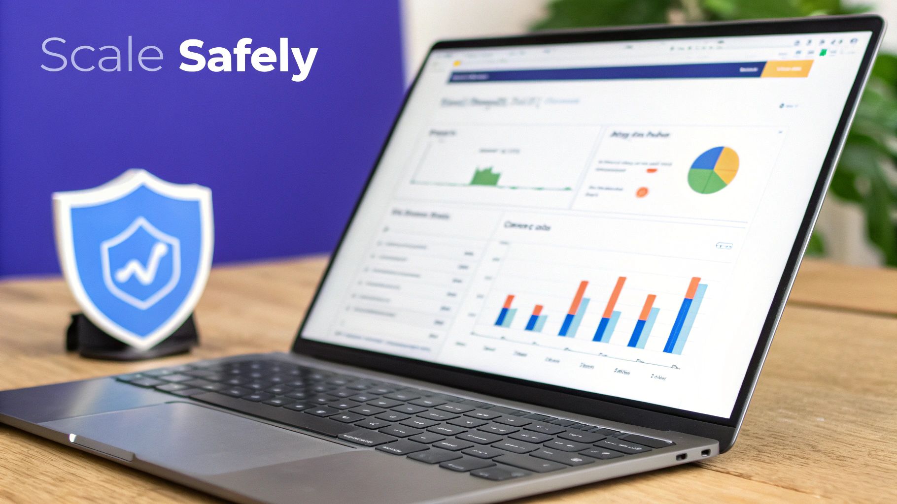 Laptop displaying business analytics dashboard with colorful charts and security shield icon representing safe scaling