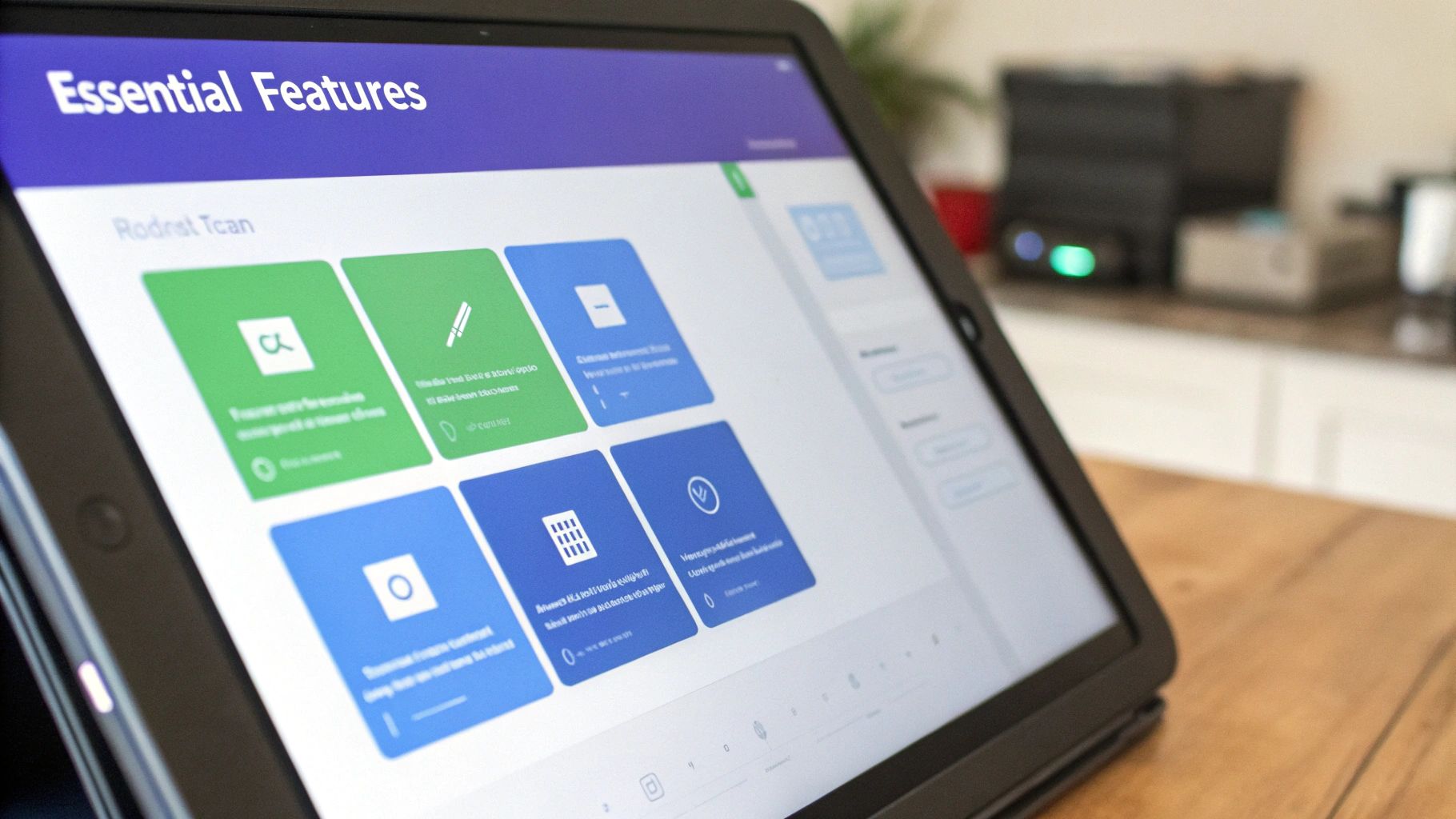 Close-up of a tablet screen showcasing software essential features with colored interactive tiles.