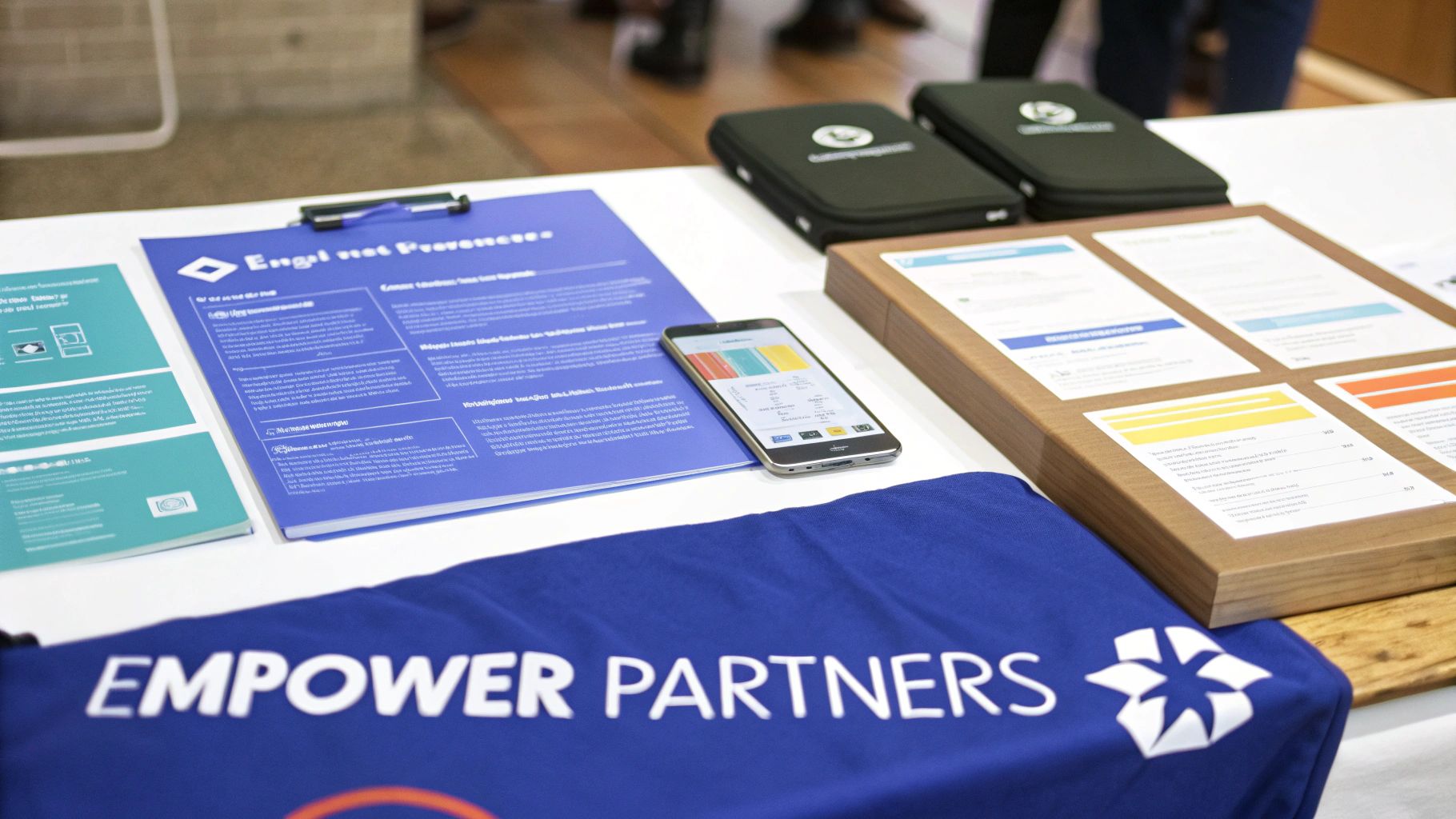 Two people collaborating at a desk, strategizing over charts and graphs