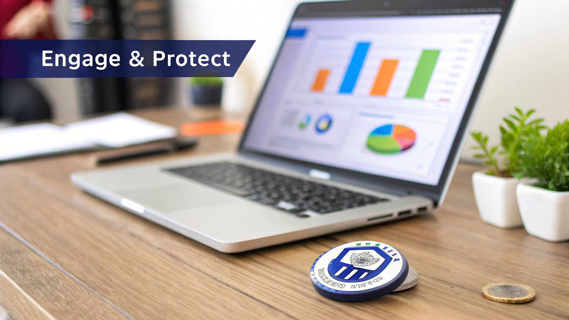 A person working on a laptop with charts and a lock icon, symbolizing data security and engagement.