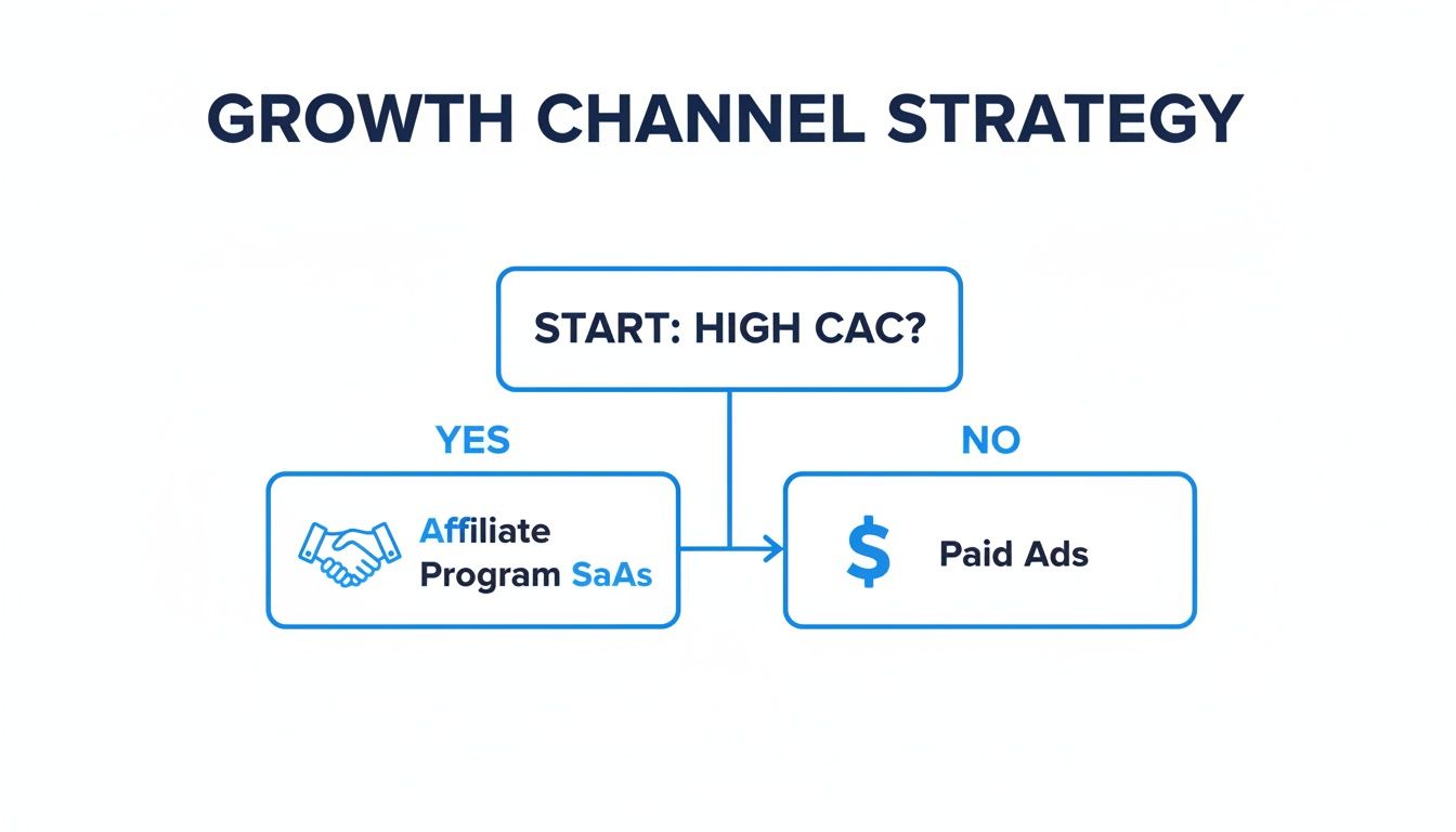 Flowchart outlining a growth channel strategy, starting with a high CAC decision leading to affiliate program SaaS.