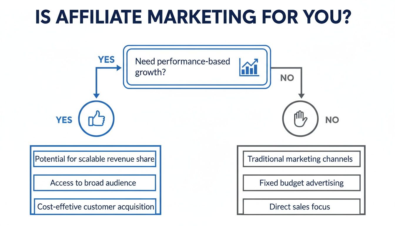 Flowchart asking if affiliate marketing is for you, detailing benefits for performance-based growth or alternatives.