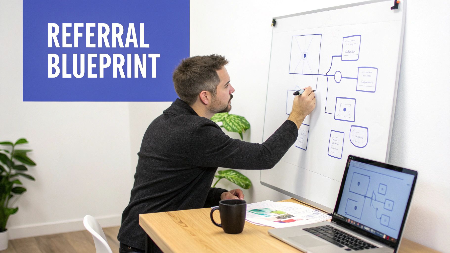 A man draws a referral blueprint diagram on a whiteboard, with a laptop showing a similar design.