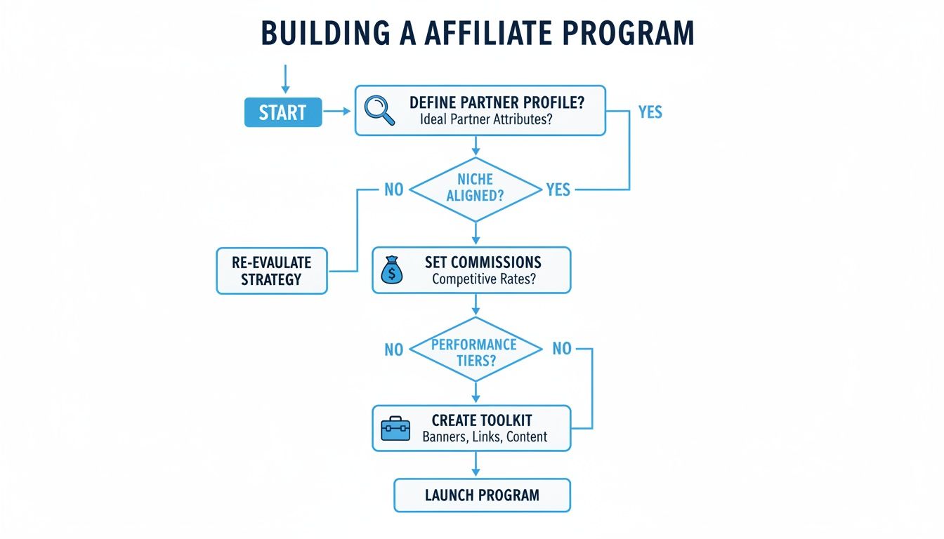 Flowchart detailing the step-by-step process for building and launching an affiliate program.