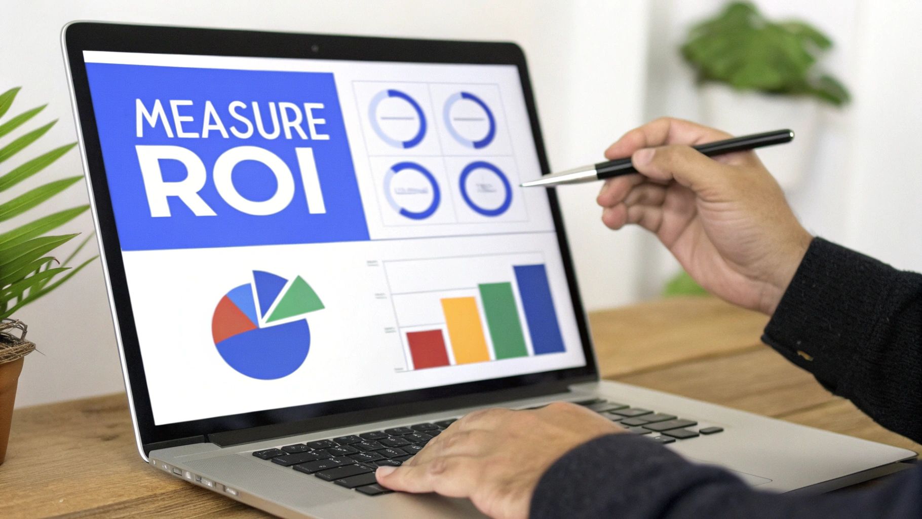 A person uses a laptop displaying 'MEASURE ROI' with various business charts and data analytics.